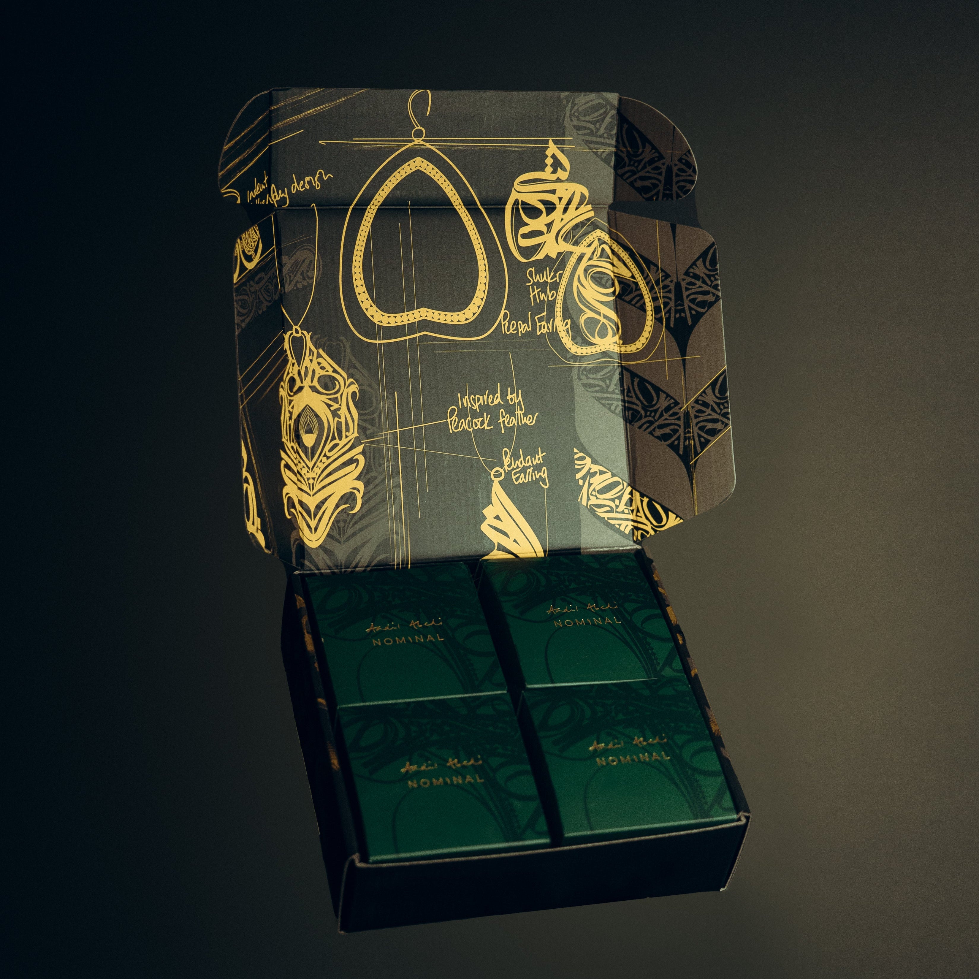 Elysian Relief Necklace displayed elegantly on a velvet pouch, showcasing its intricate Arabic calligraphy.