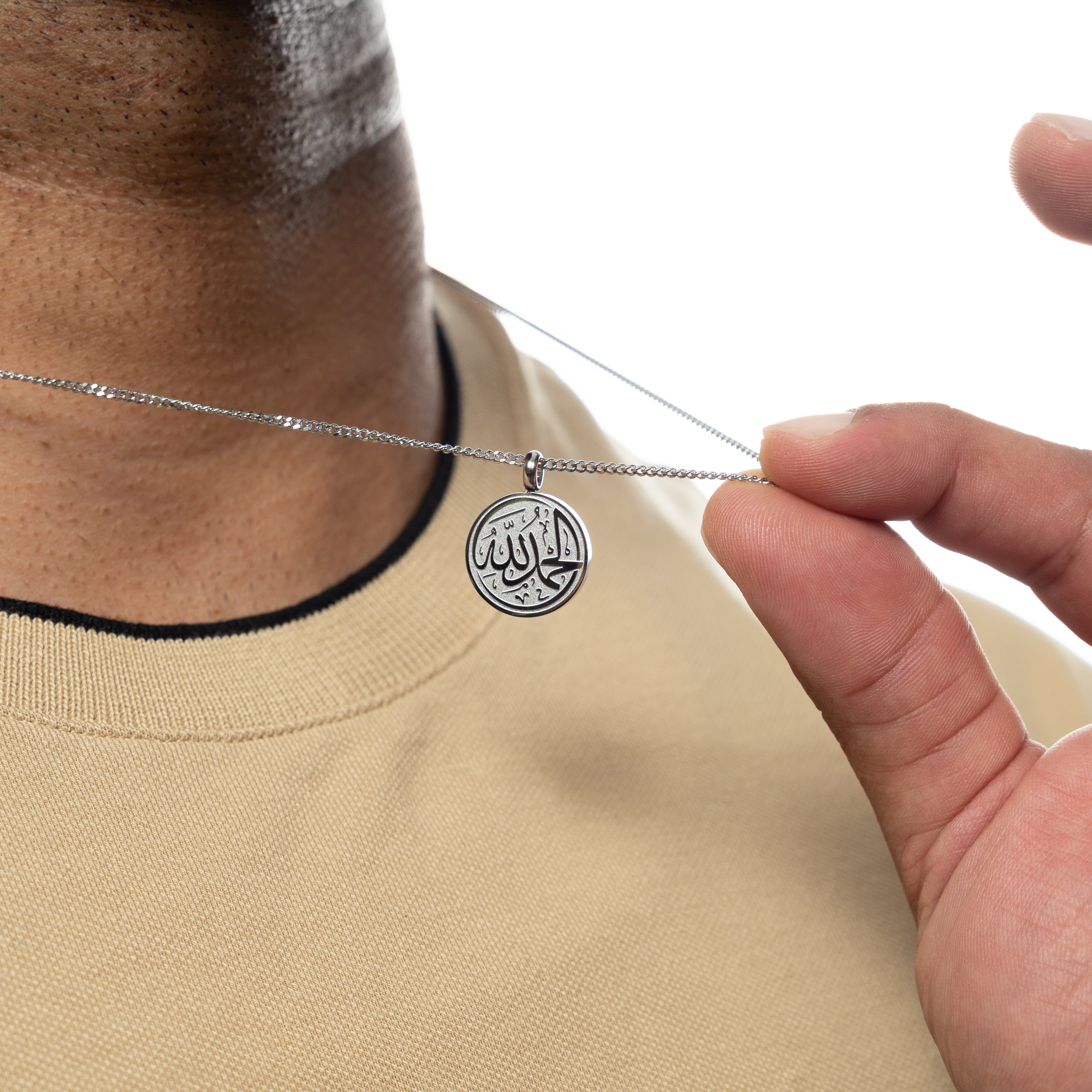 Front view of the Gratitude Alhamdulillah Token Necklace for men, showcasing its elegant calligraphy design.