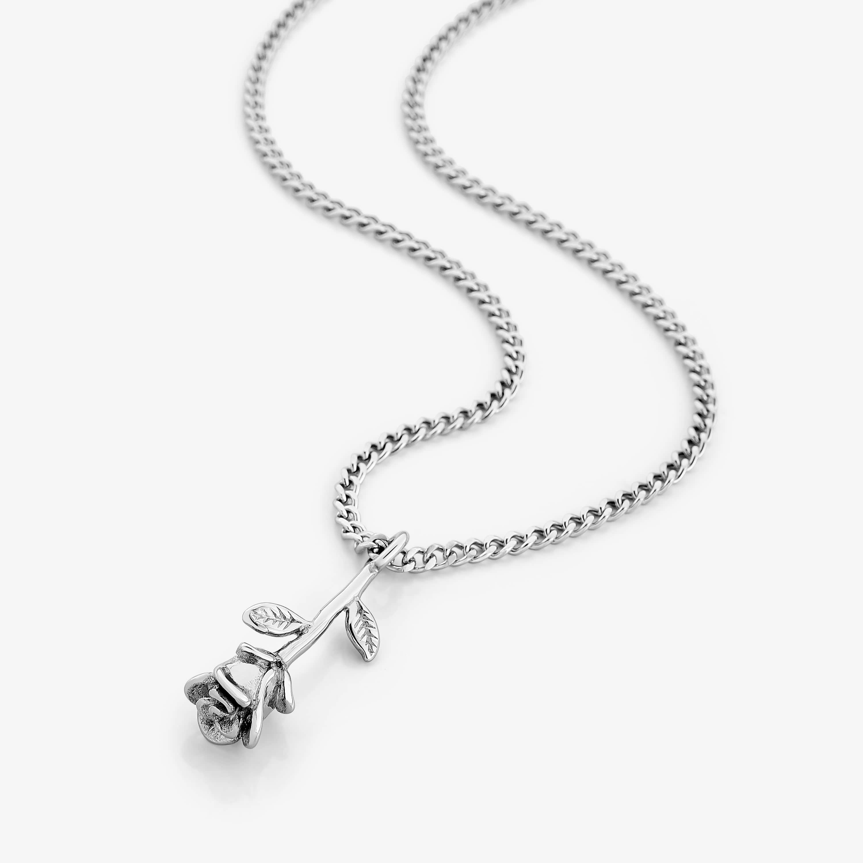 Close-up of the Eternal Bloom men's rose necklace showcasing its premium stainless steel finish.