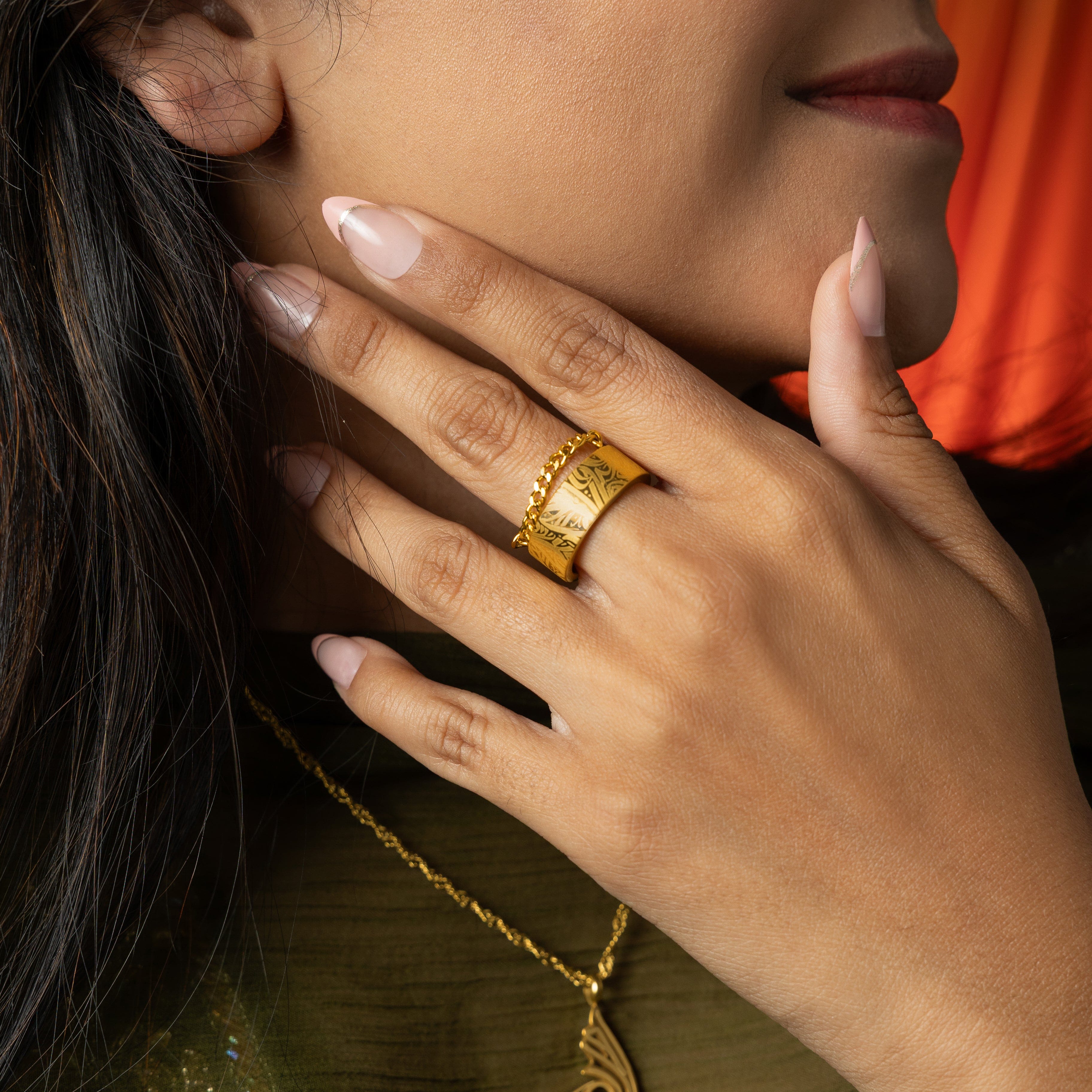 Close-up of the Unity Gold Ring highlighting its hypoallergenic features