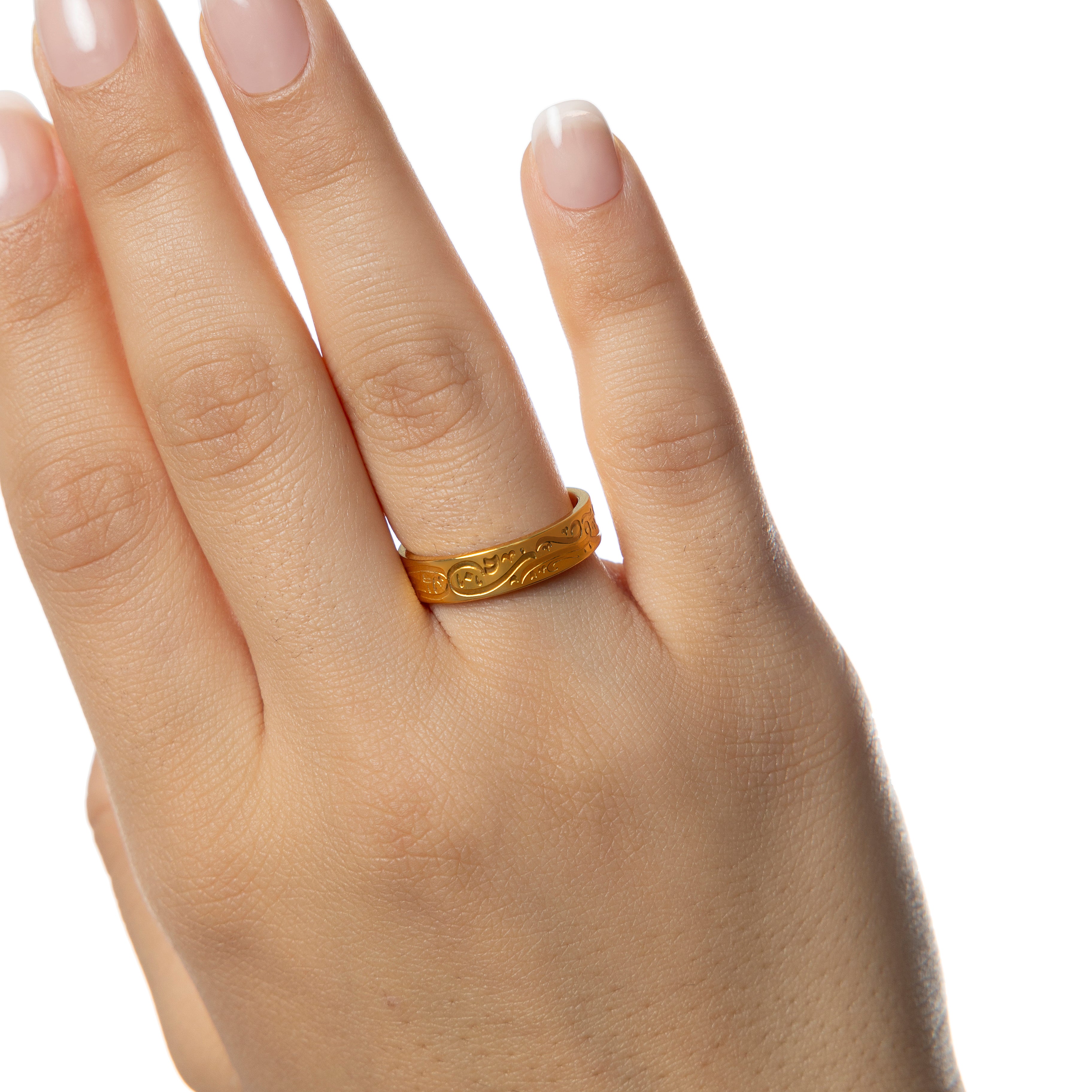 Close-up view of the Divine Possibility Calligraphy Ring, showcasing the intricate Arabic engraving.