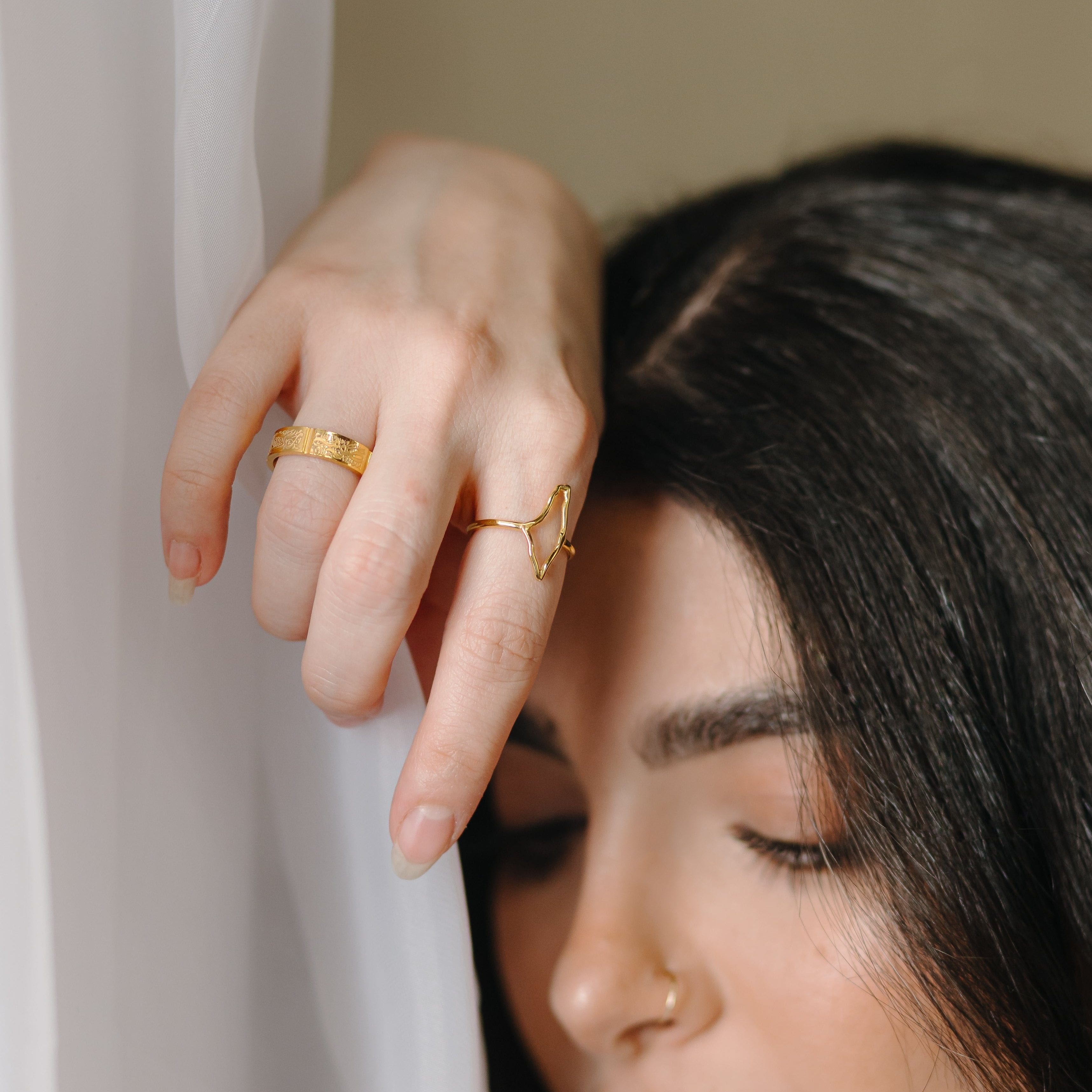 Aesthetic display of the Palestine inspired ring in a velvet pouch, emphasizing its cultural significance.