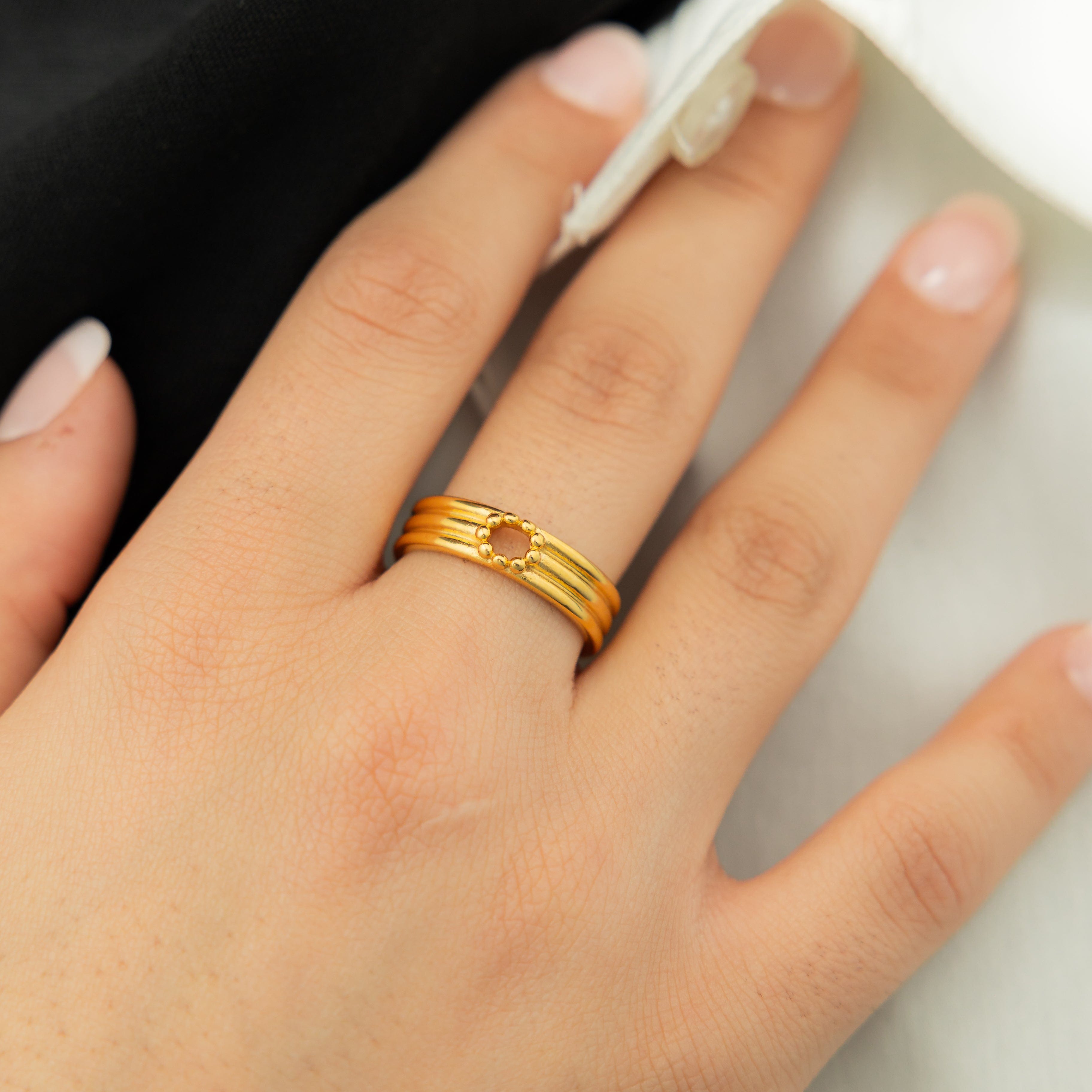 Model wearing the 18k gold plated waterproof ring, emphasizing its elegant style.