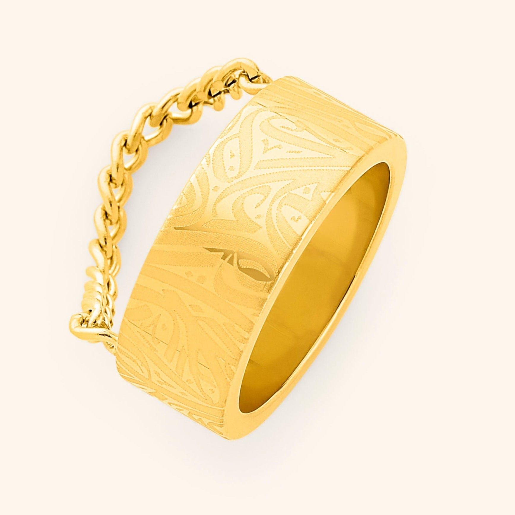 Unity Gold Ring showing the engraved calligraphy, perfect for sensitive skin