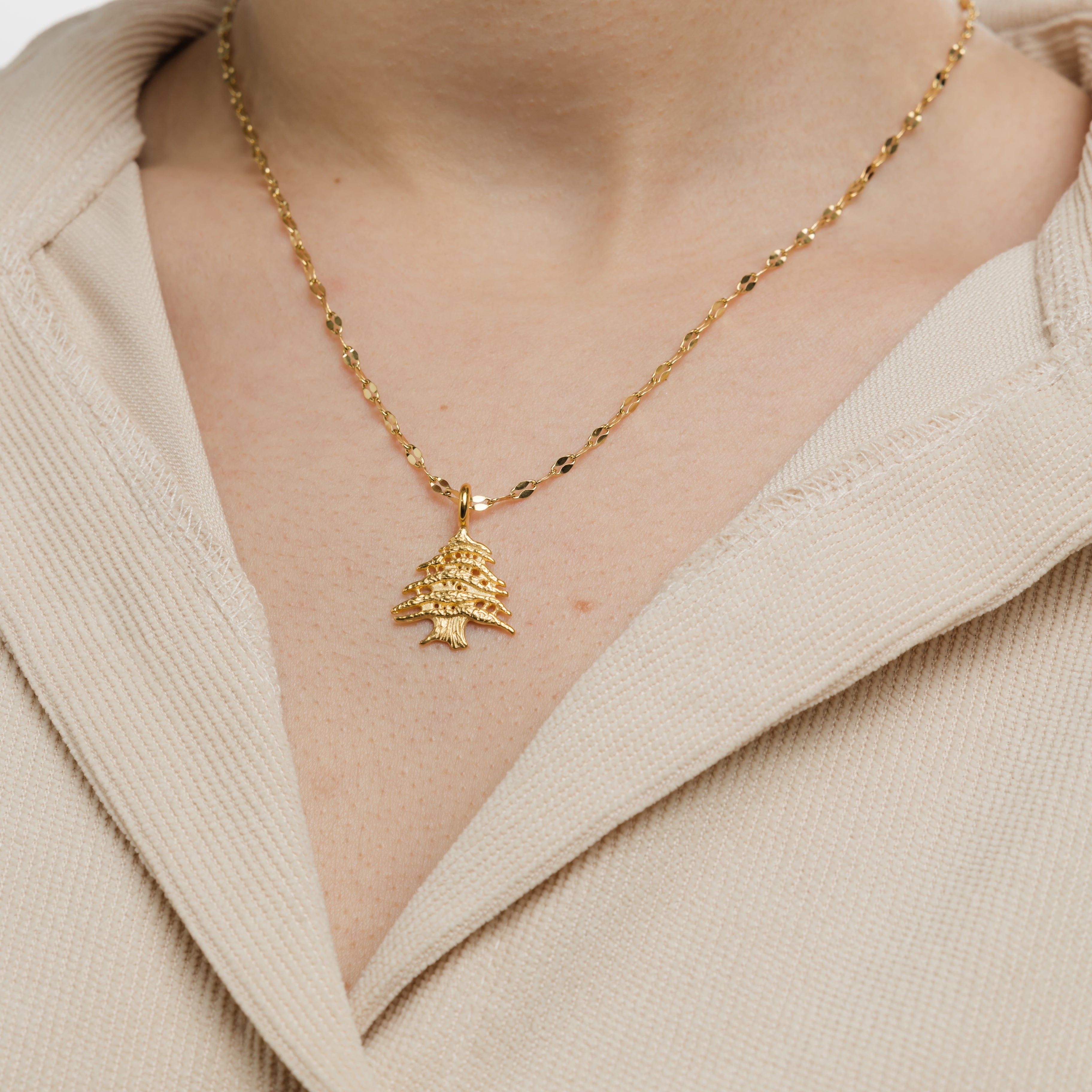 Close-up of the Cedar necklace highlighting its craftsmanship and shine.
