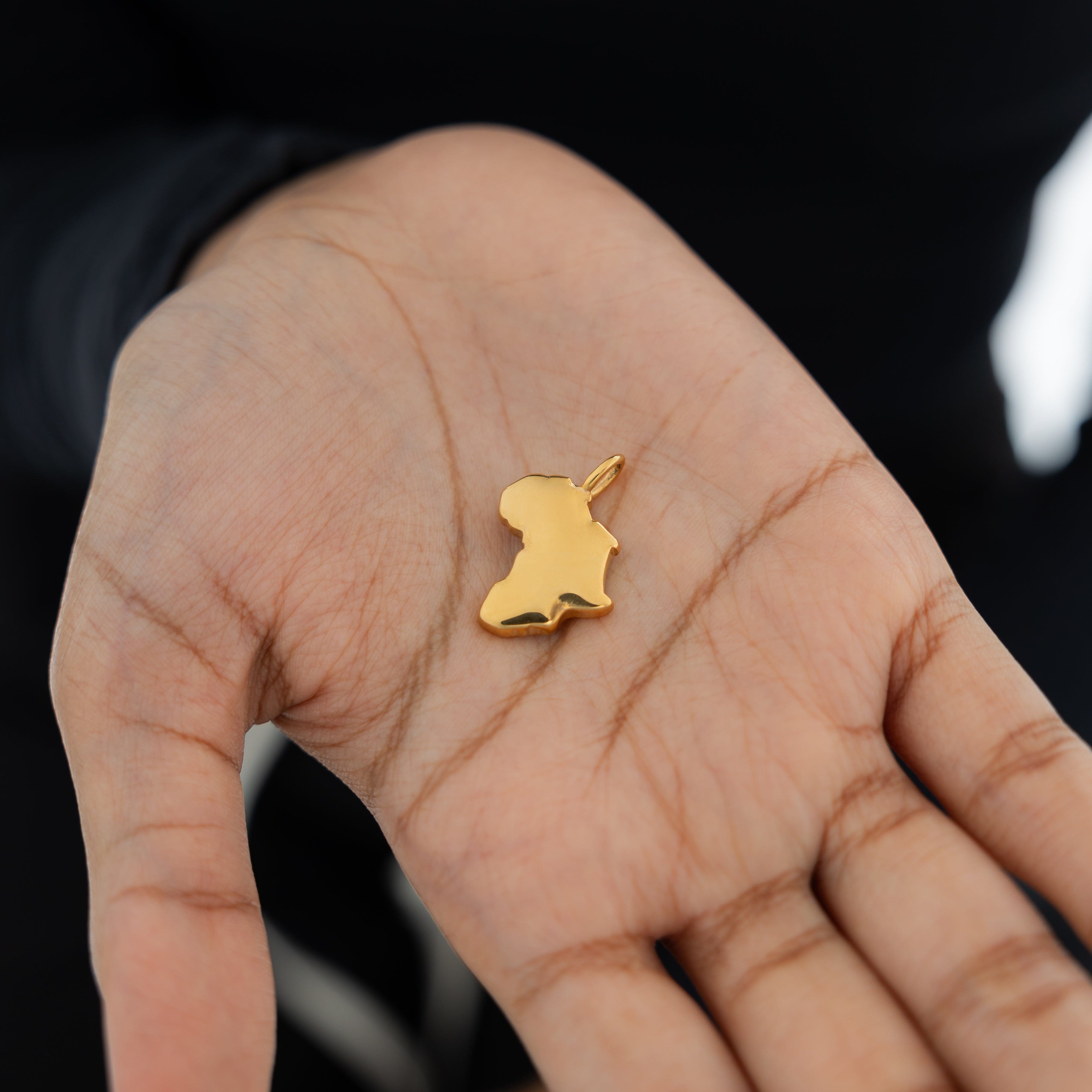 Close-up view of the affordable gold map charm on a carabiner necklace.