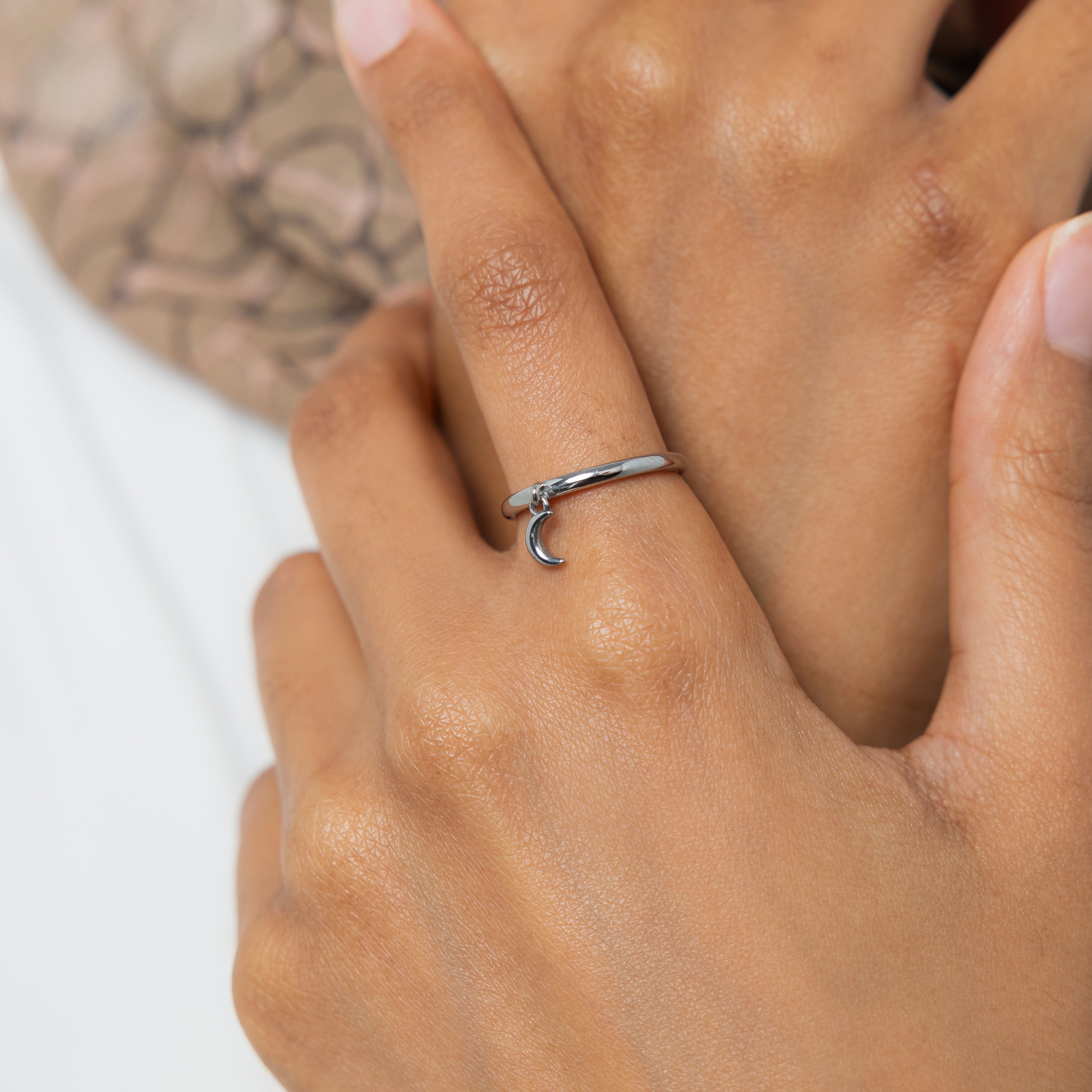 Angled product view emphasizing crescent charm and gold finish—perfect as unique fashion ring for gifts