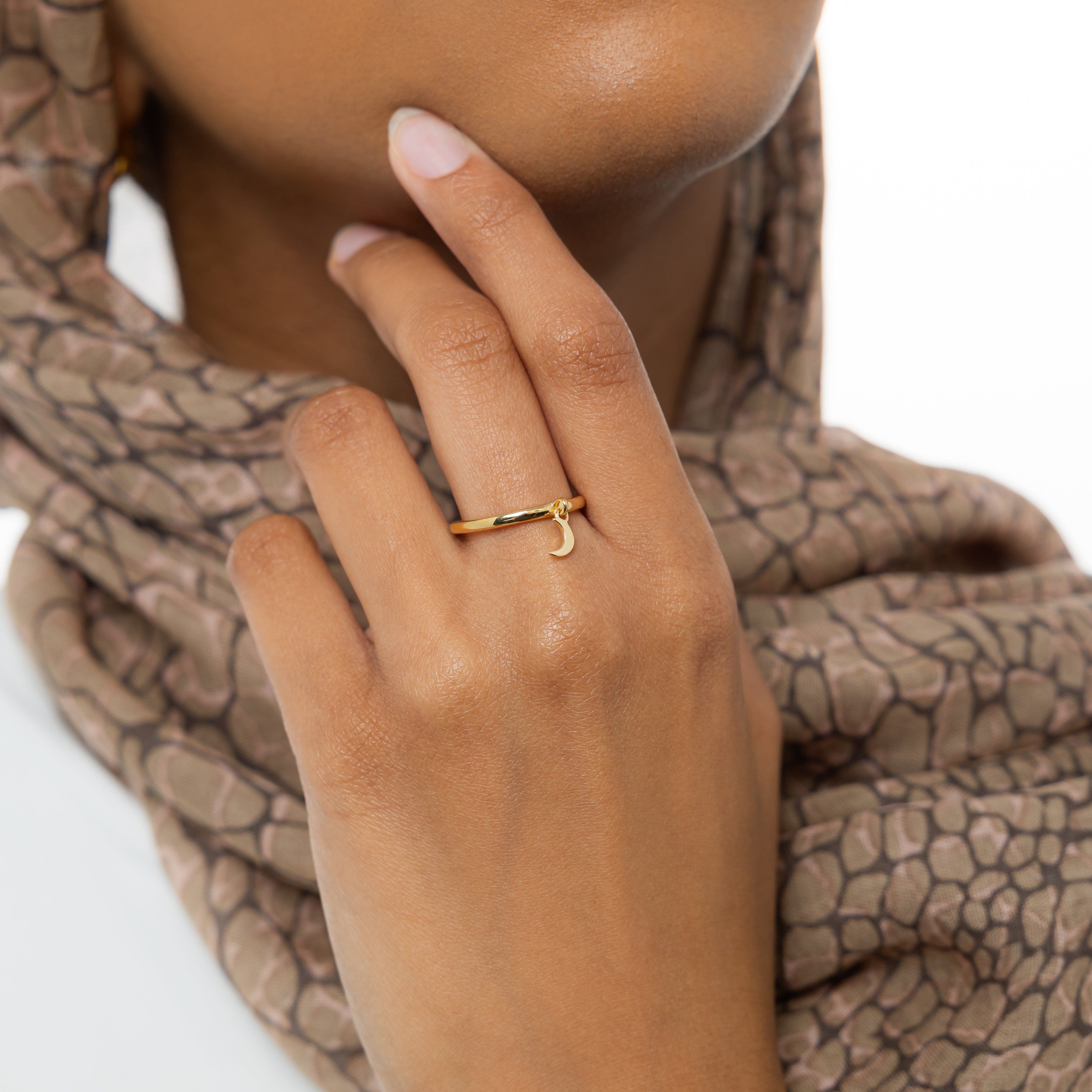 Angled product view emphasizing crescent charm and gold finish—perfect as unique fashion ring for gifts