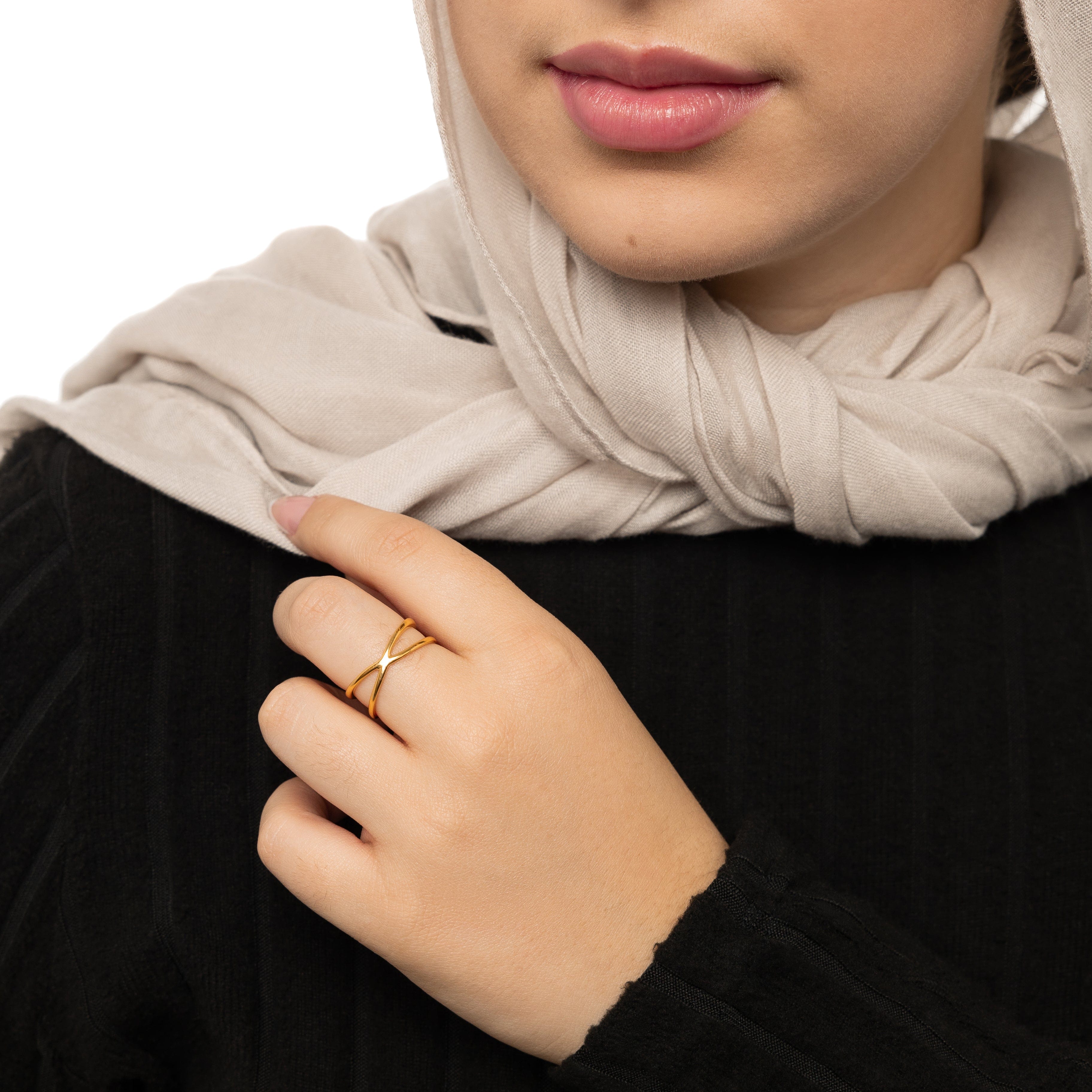 Front view of the Elegant Intersection Minimalist Ring showcasing its unique cross design.