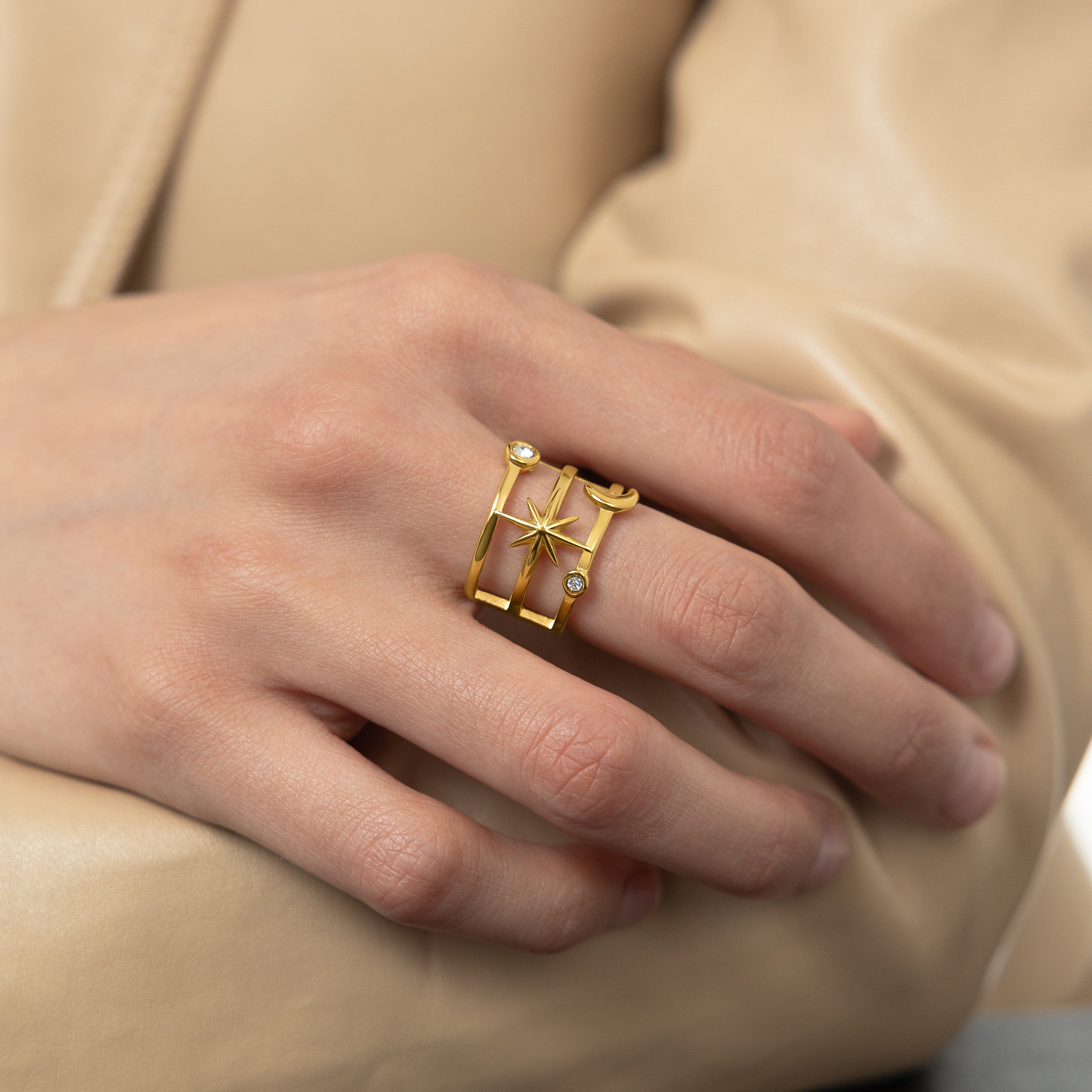 Side view of the Celestial Luminous Stack Ring, showcasing the delicate crescent and luminous bezels.