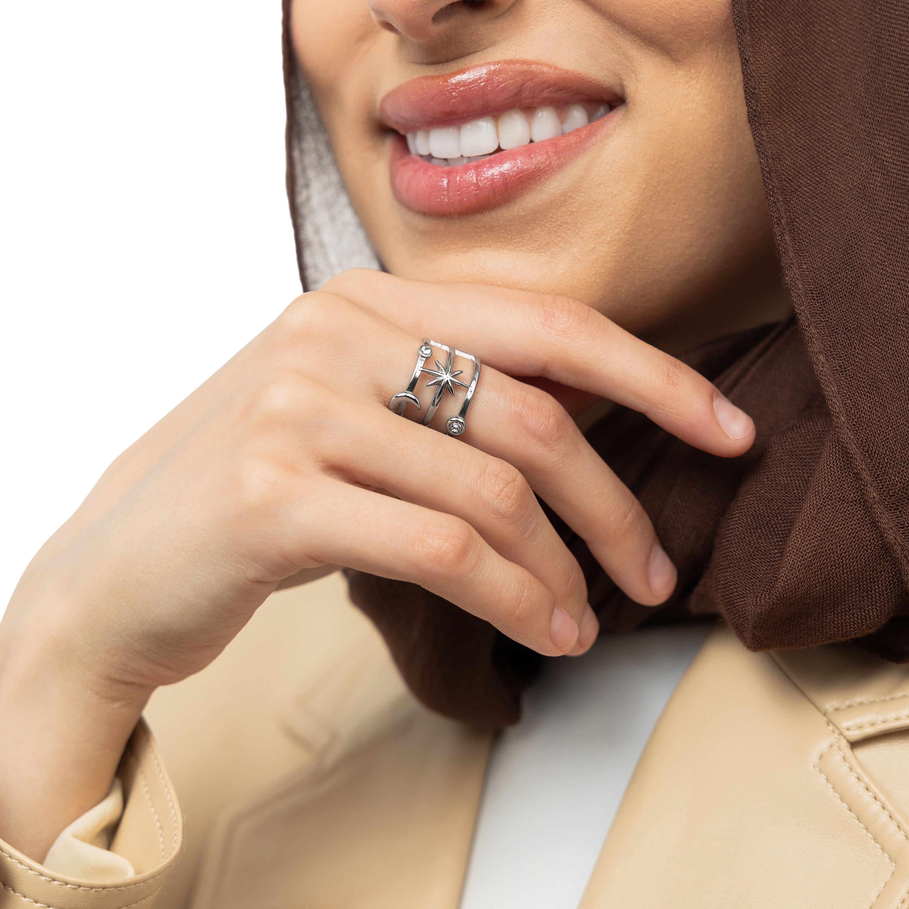 Celestial Luminous Stack Ring viewed from the top, highlighting its intricate design.