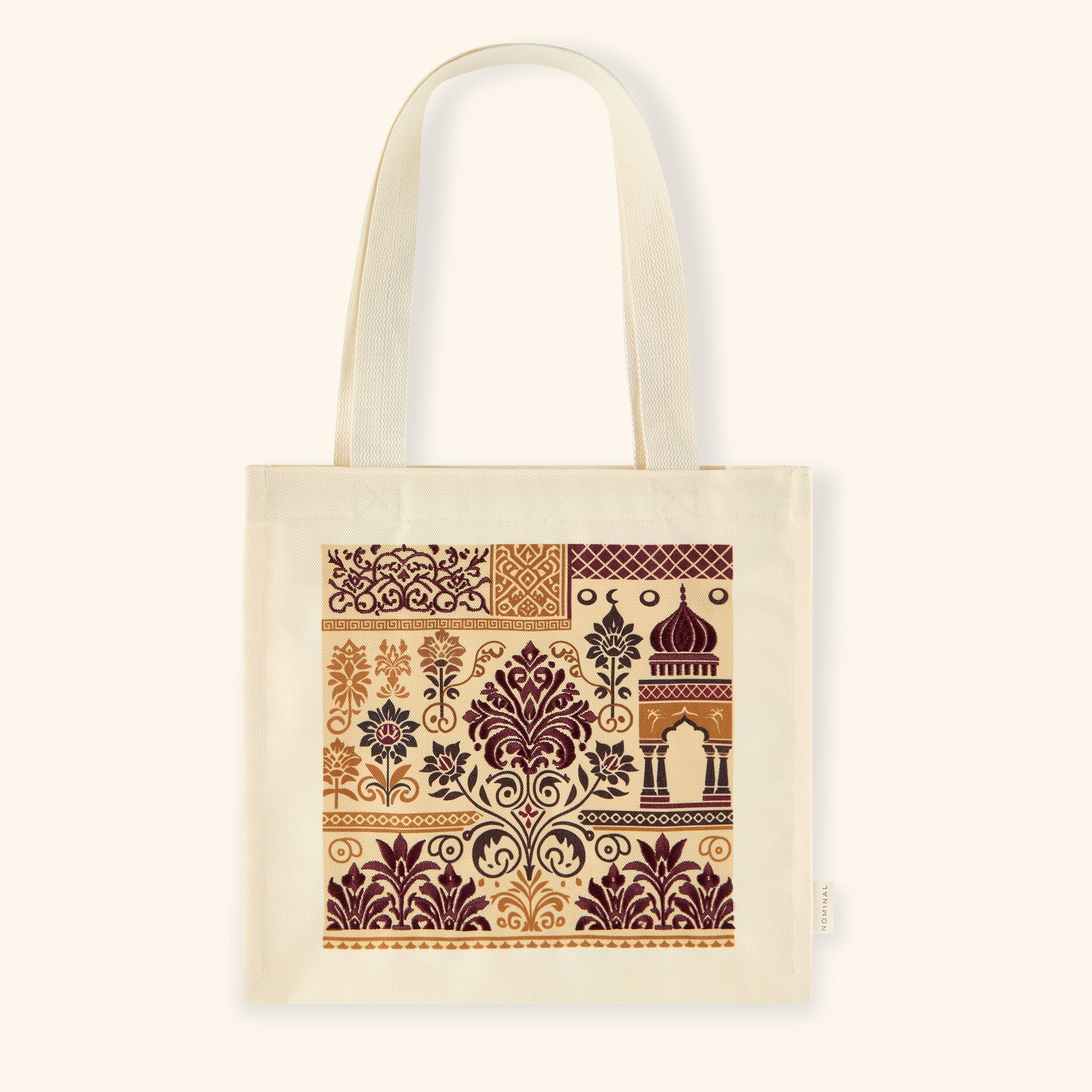 Cultural Elegance Heritage Tote showing floral patterns from a side view.