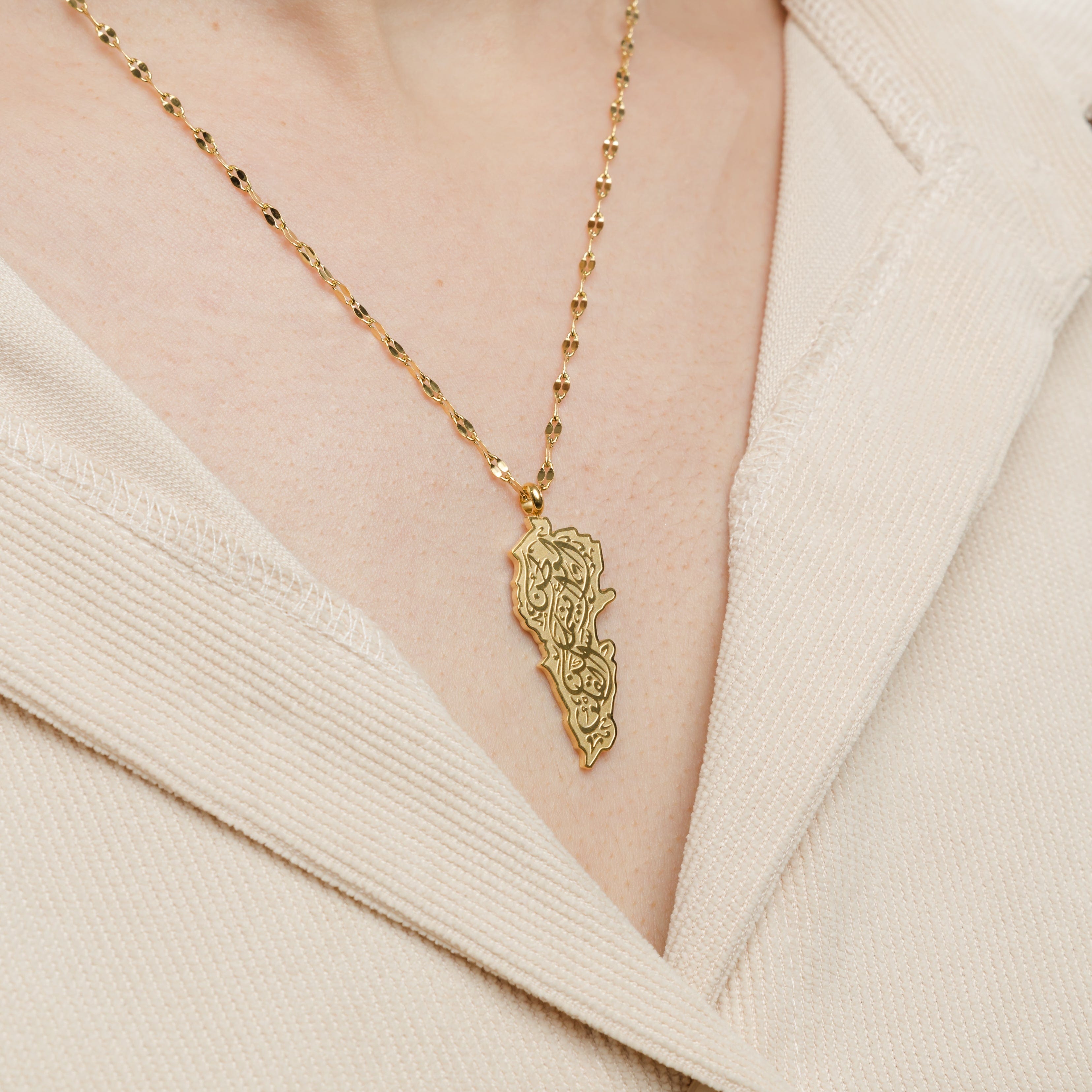 Model wearing the gold map necklace with a velvet pouch in the background.