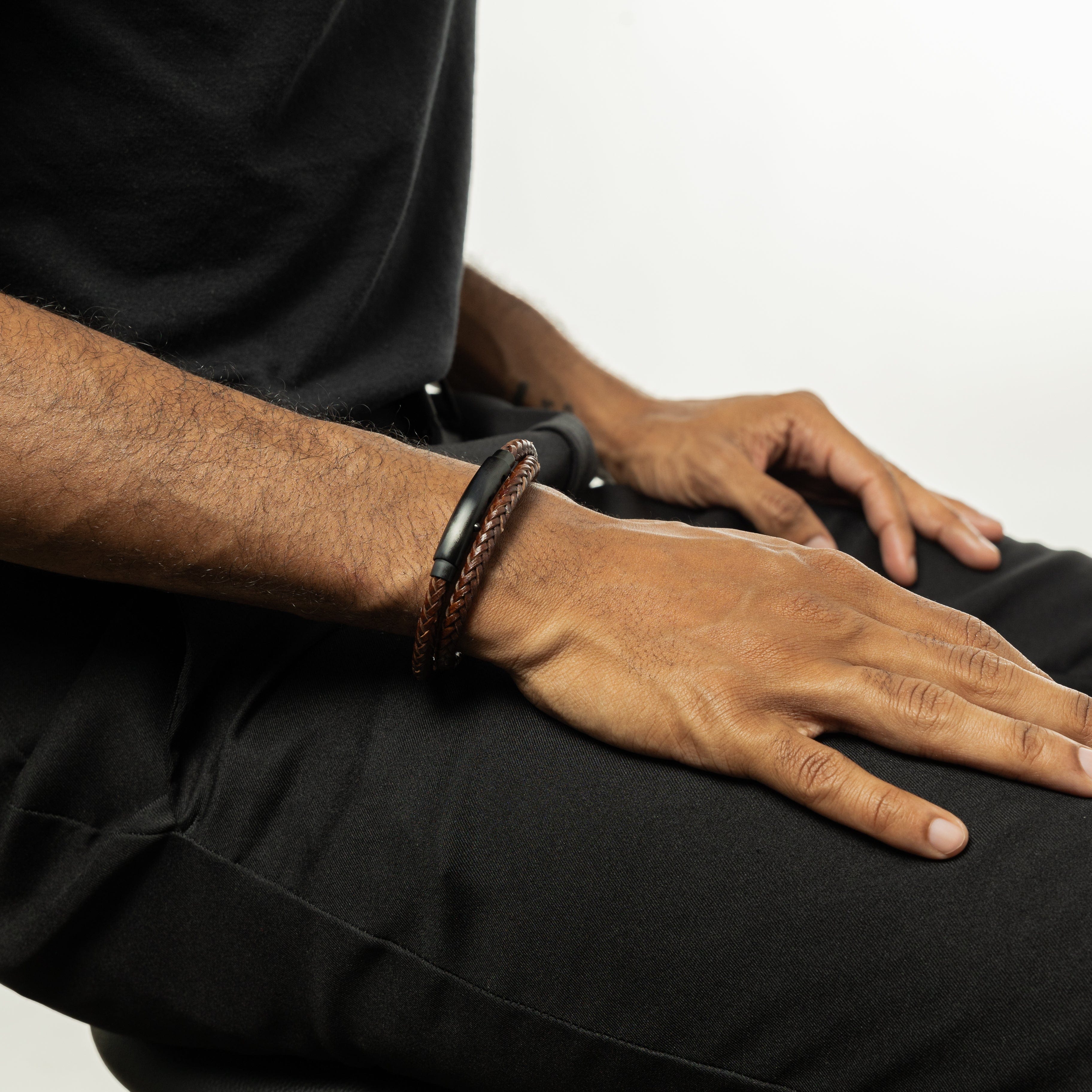 Close-up of the woven faux leather material of the mens bracelet showcasing its quality and craftsmanship.