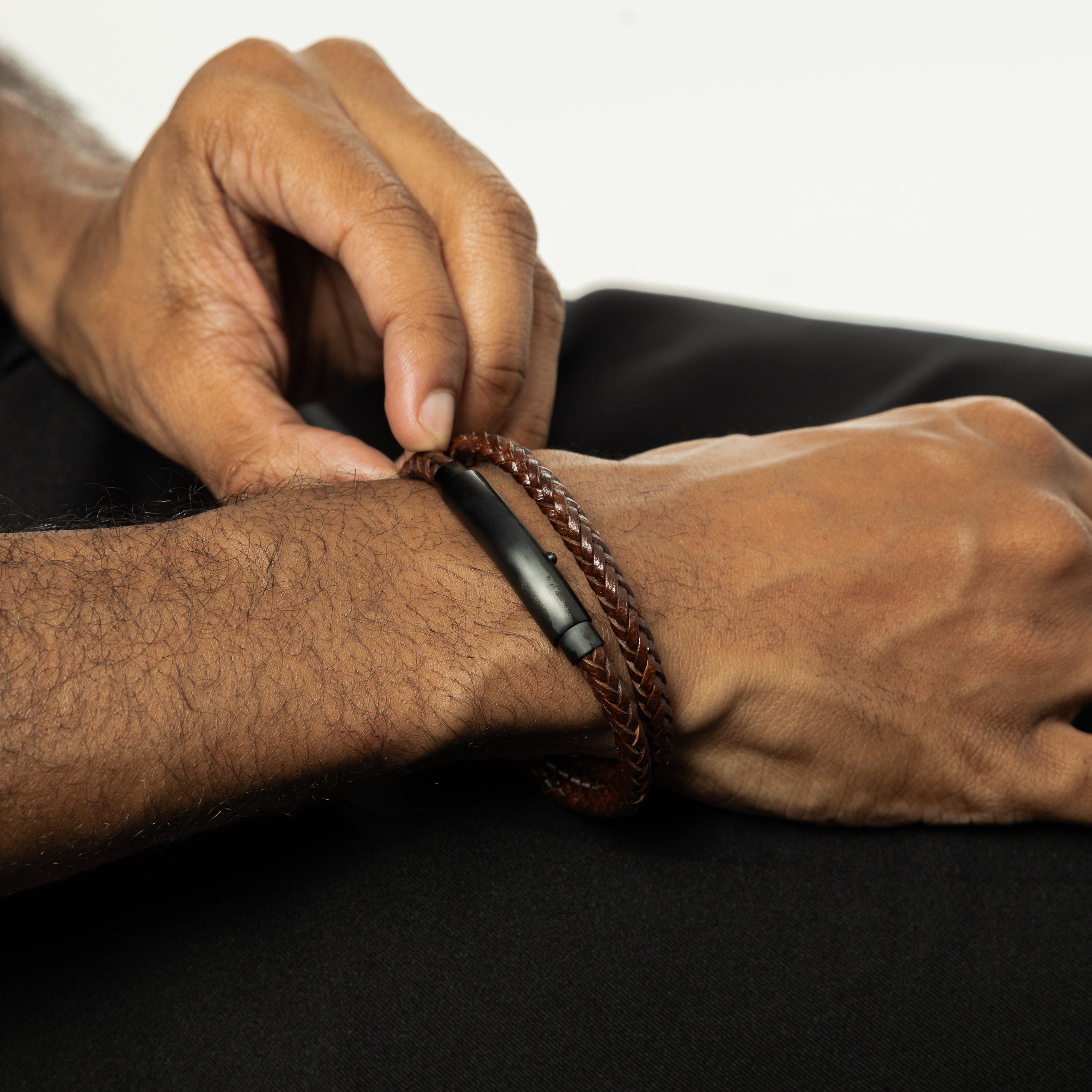 Close-up of the woven faux leather material of the mens bracelet showcasing its quality and craftsmanship.