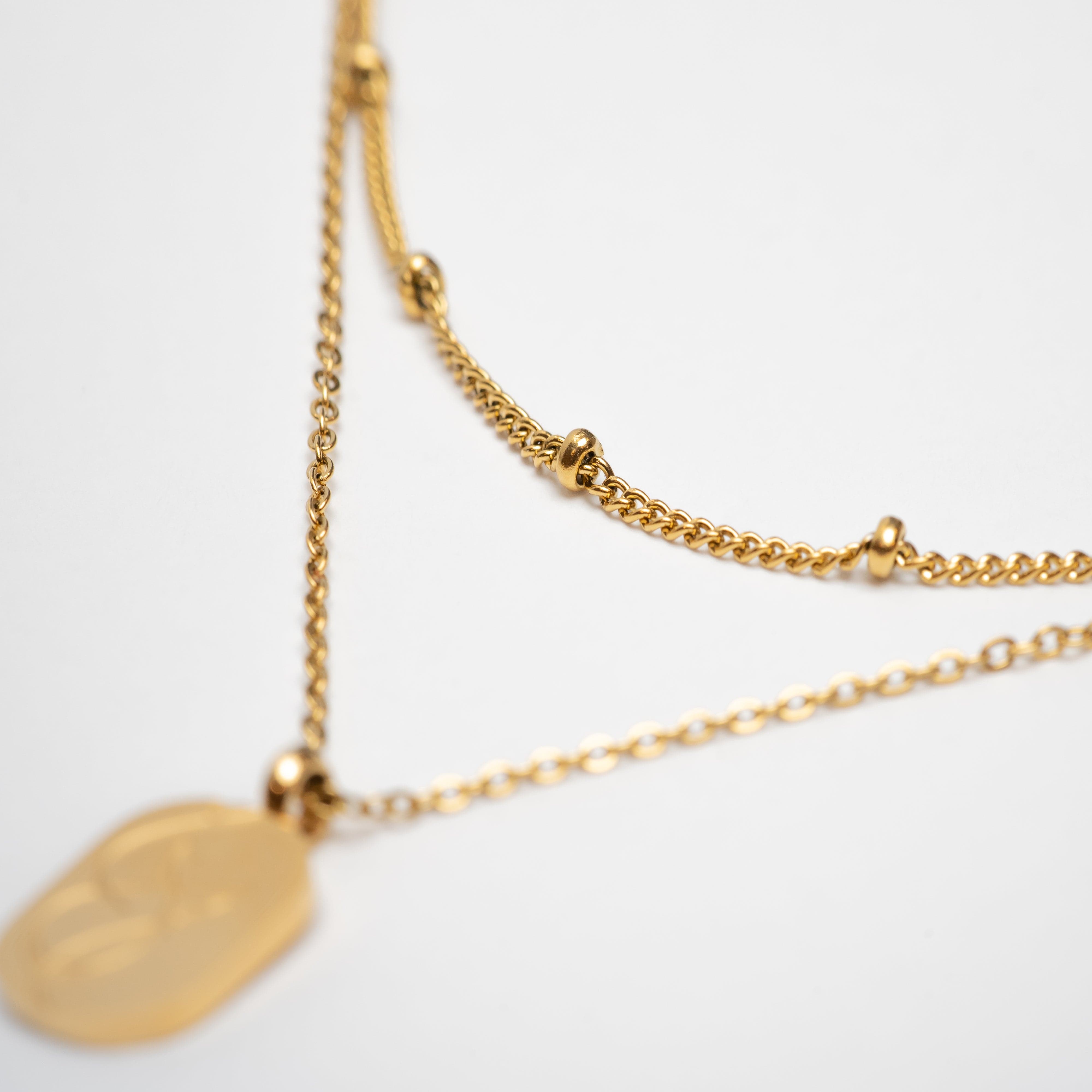 Dreamy Gold Layering Necklace Set displayed on a mannequin, showcasing adjustable lengths.
