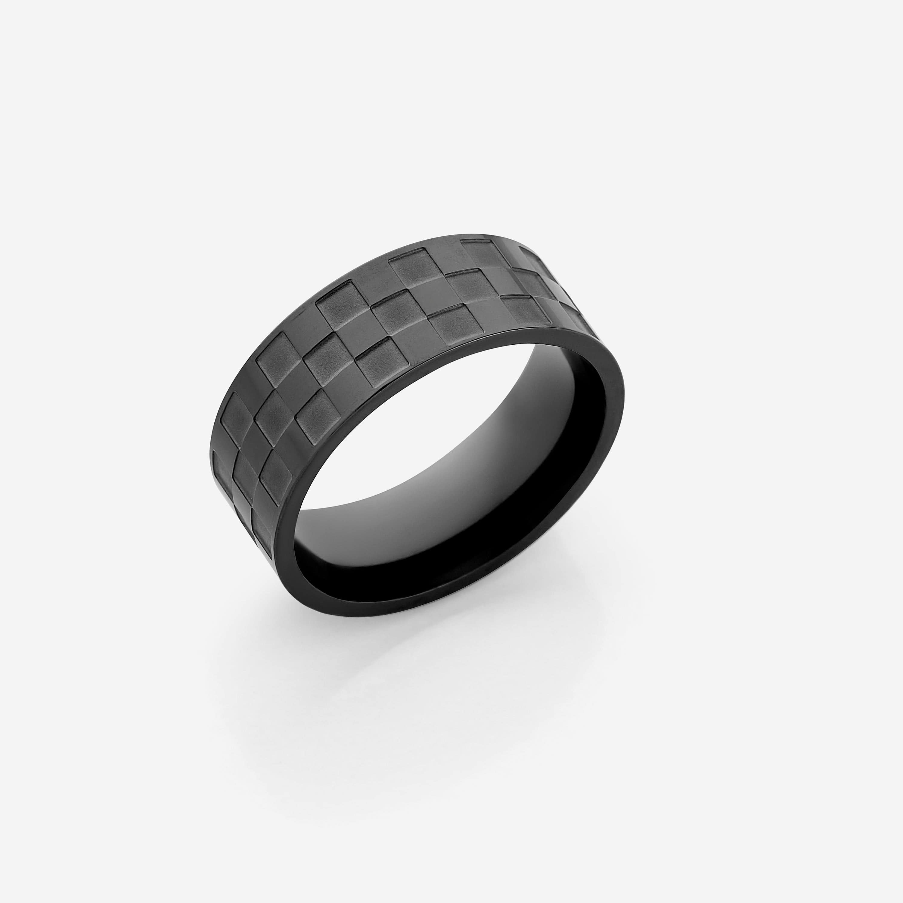 Regal Chess King Ring showcasing its checkered pattern and stainless steel finish.