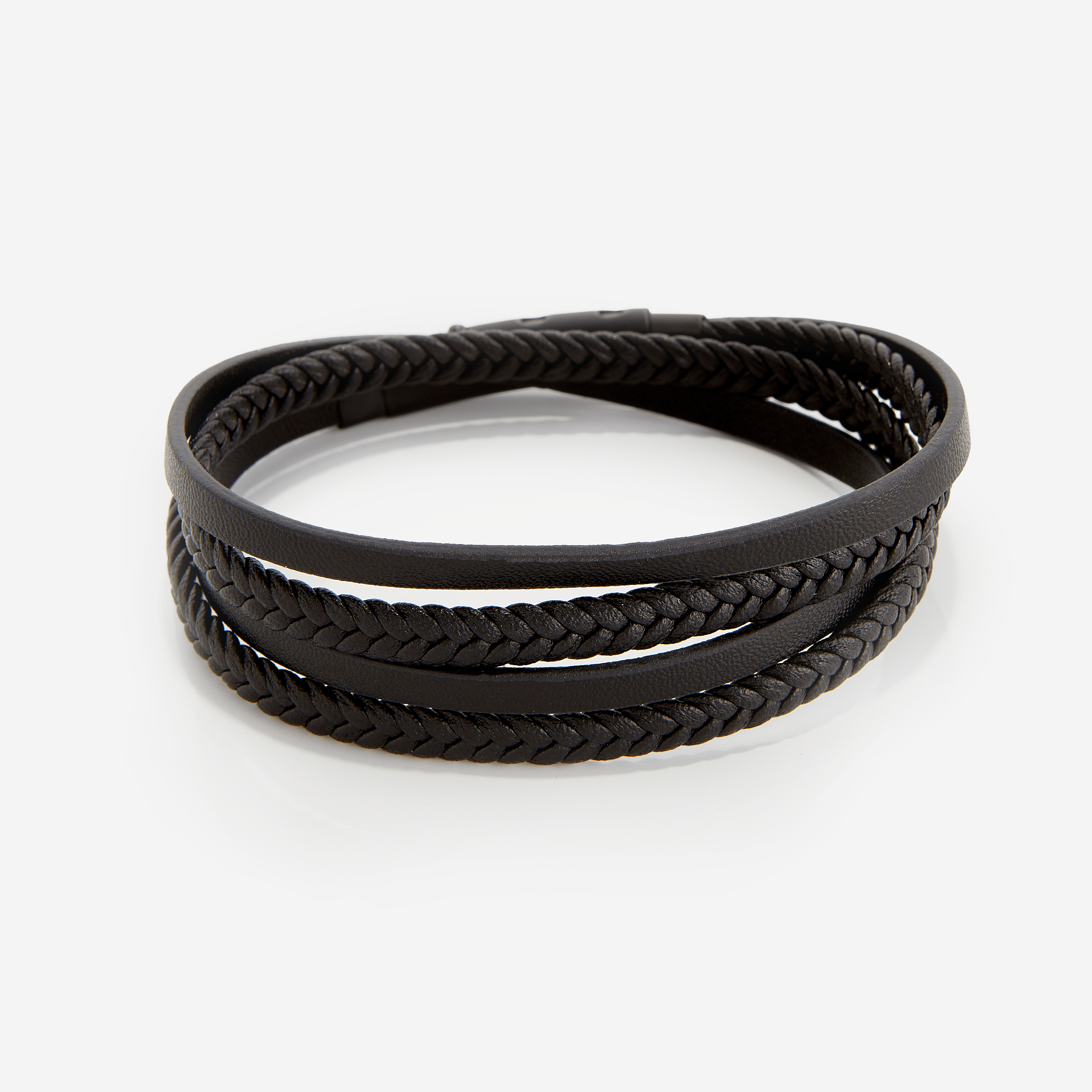 Close-up of stacked bracelet showing woven leather texture in brown tone, ideal for men's casual outfits
