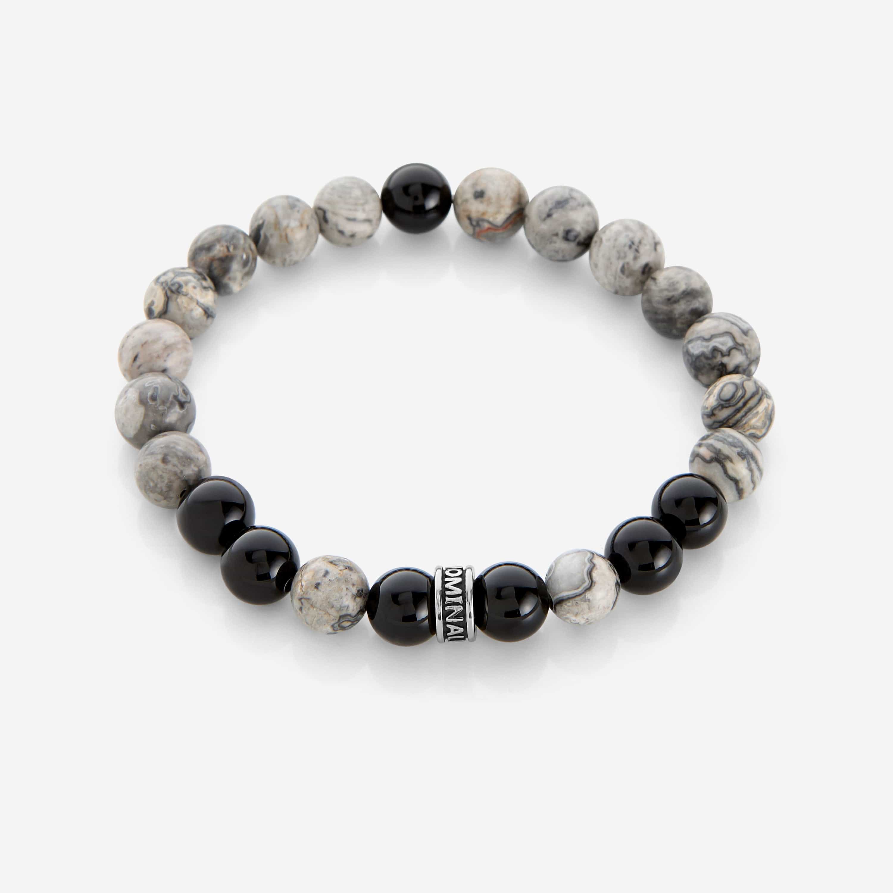 Close-up of the Kosmos Storm natural stone bracelet highlighting the unique bead colors and textures.