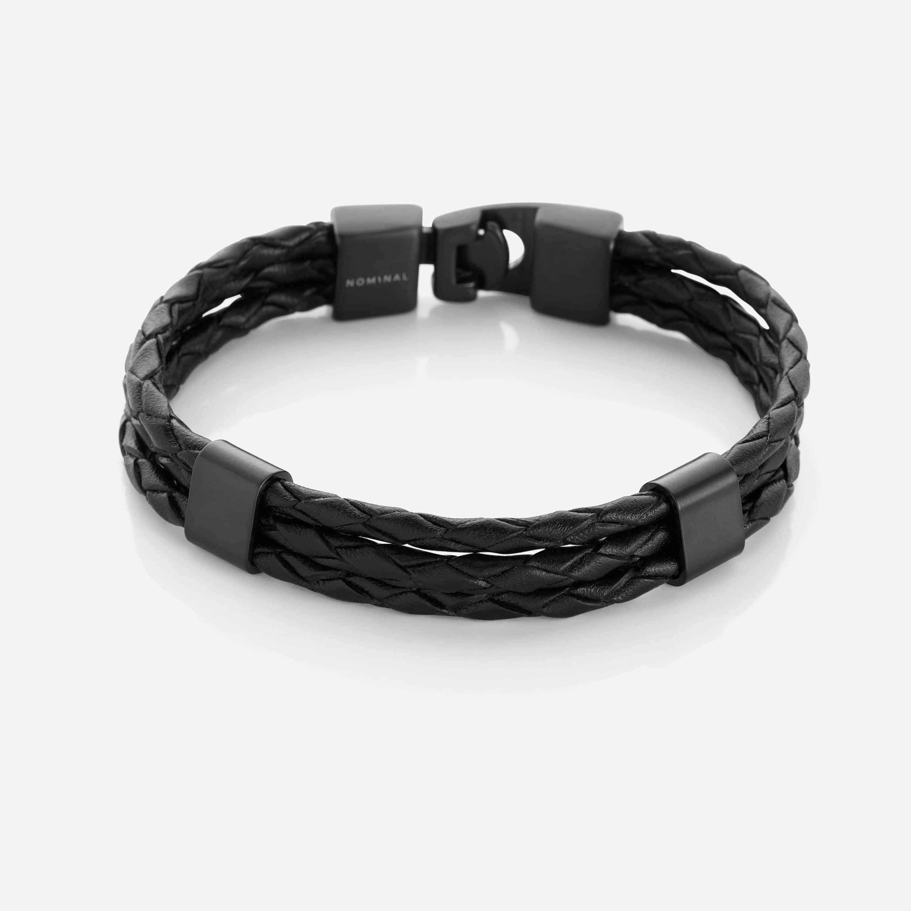 Close-up of the classic triple strand leather bracelet showing its detailed craftsmanship.