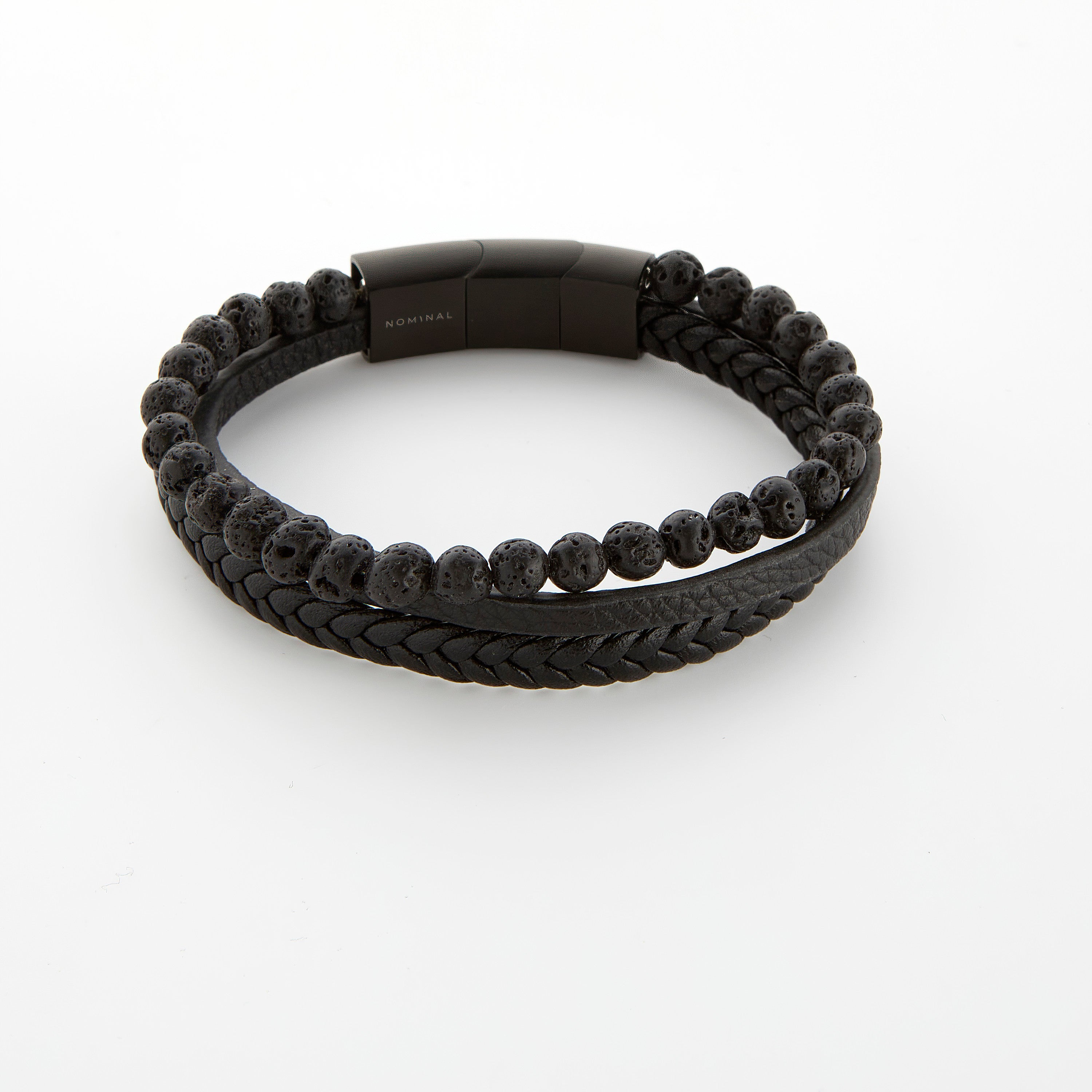 Trio Luxe Stackable Bracelet showcasing braided leather and lava stone details.