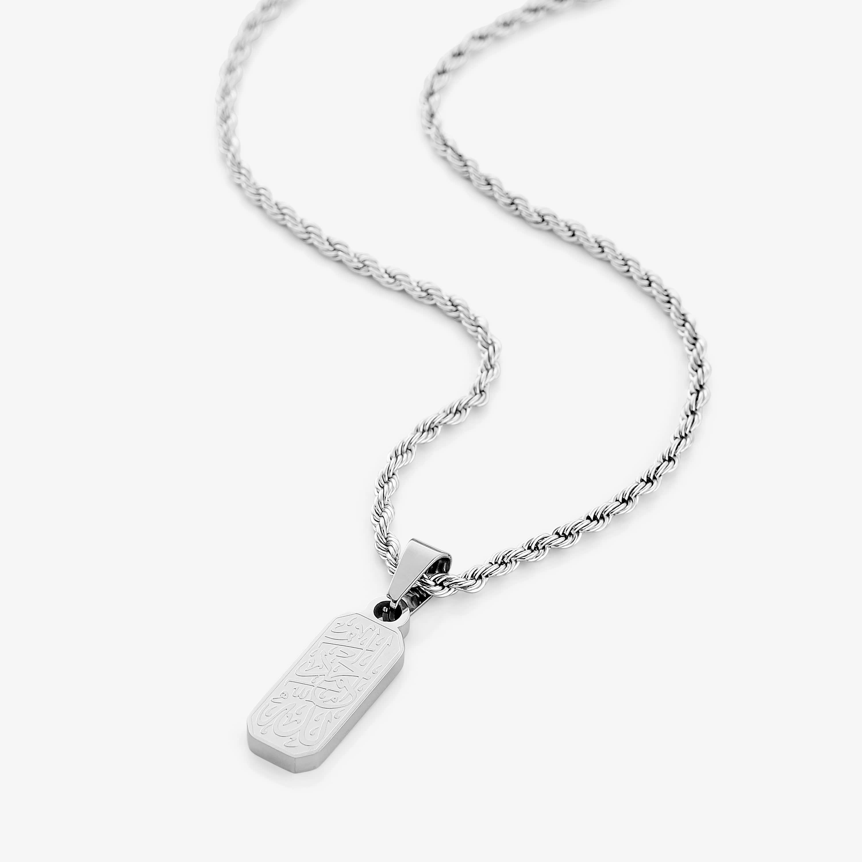 Close-up of the Elegant Alhamdulillah tag necklace showcasing its intricate calligraphy design.
