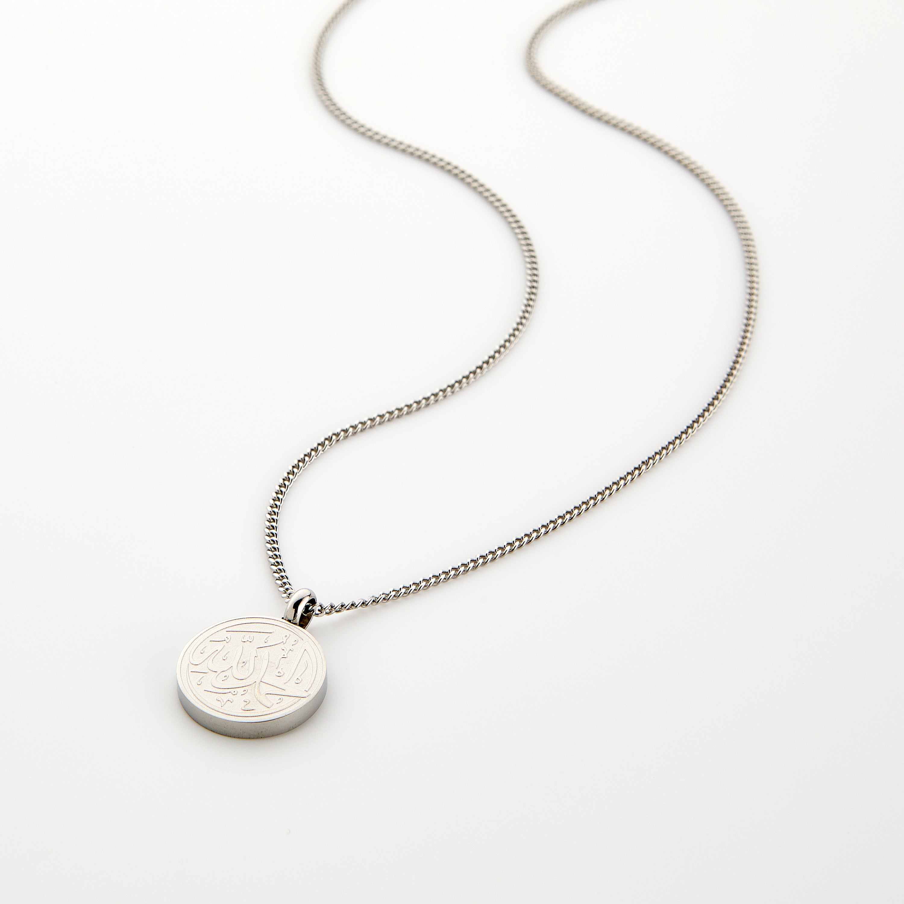 Front view of the Gratitude Alhamdulillah Token Necklace for men, showcasing its elegant calligraphy design.