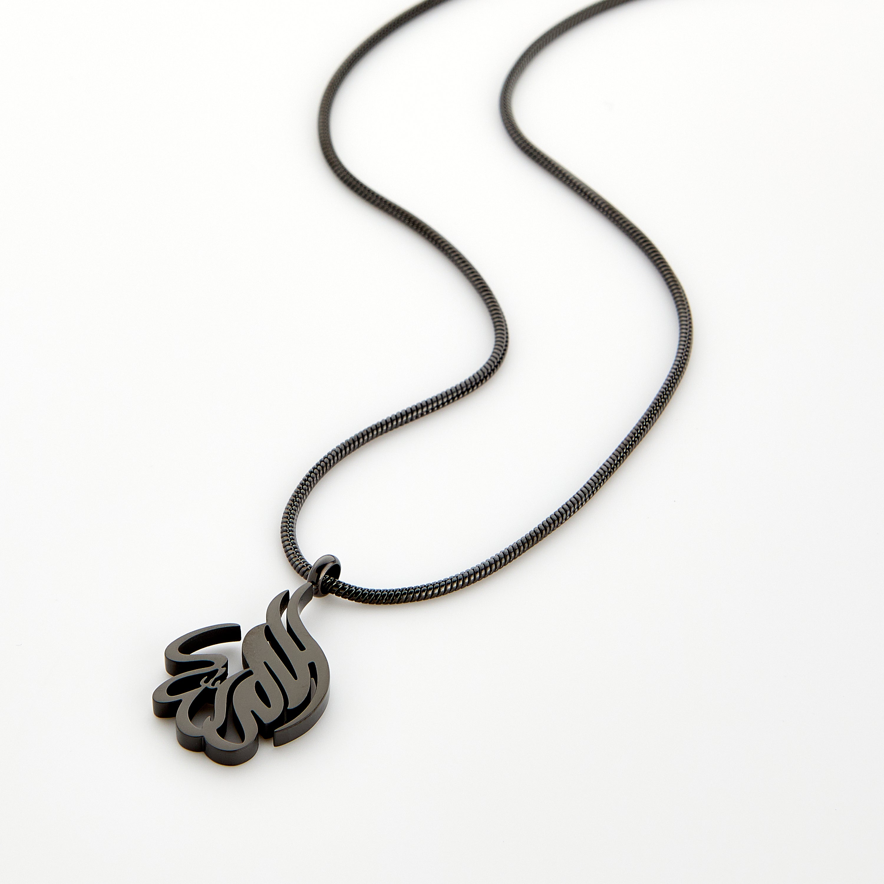 Front view of the Alhamdulillah calligraphy necklace on a black background, showcasing its intricate design.