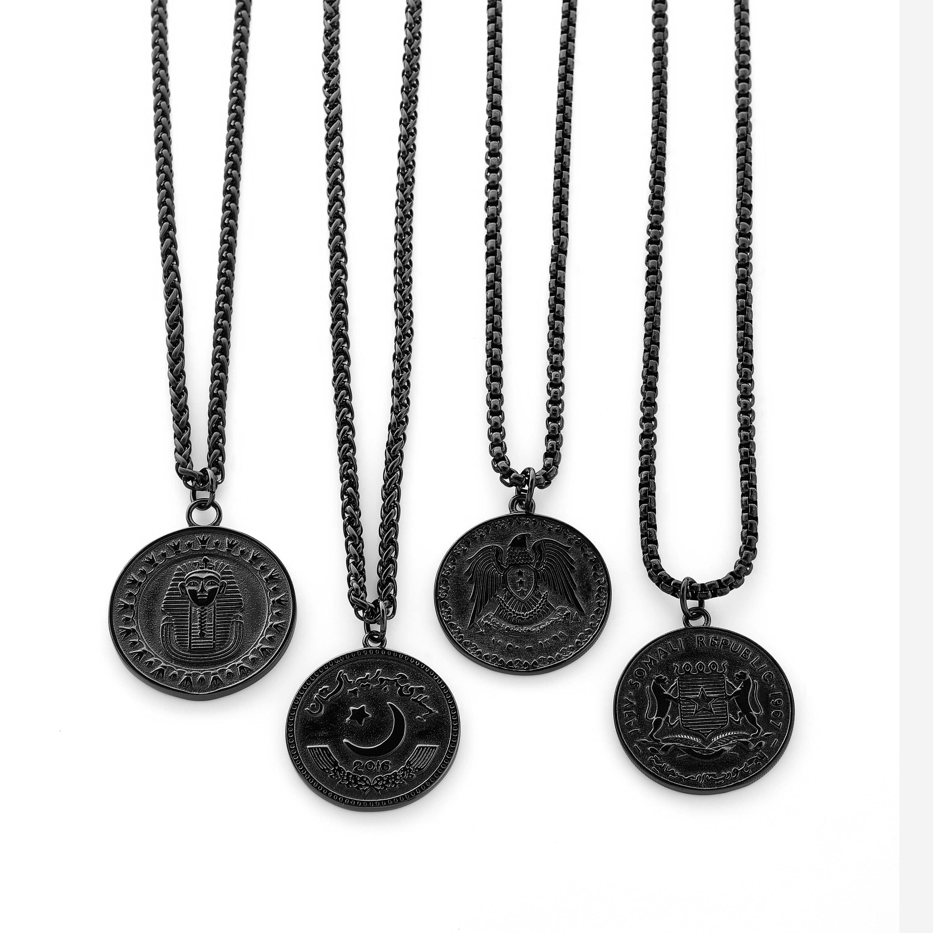 Lifestyle shot of a man wearing the premium mens coin necklace, styled with casual attire.