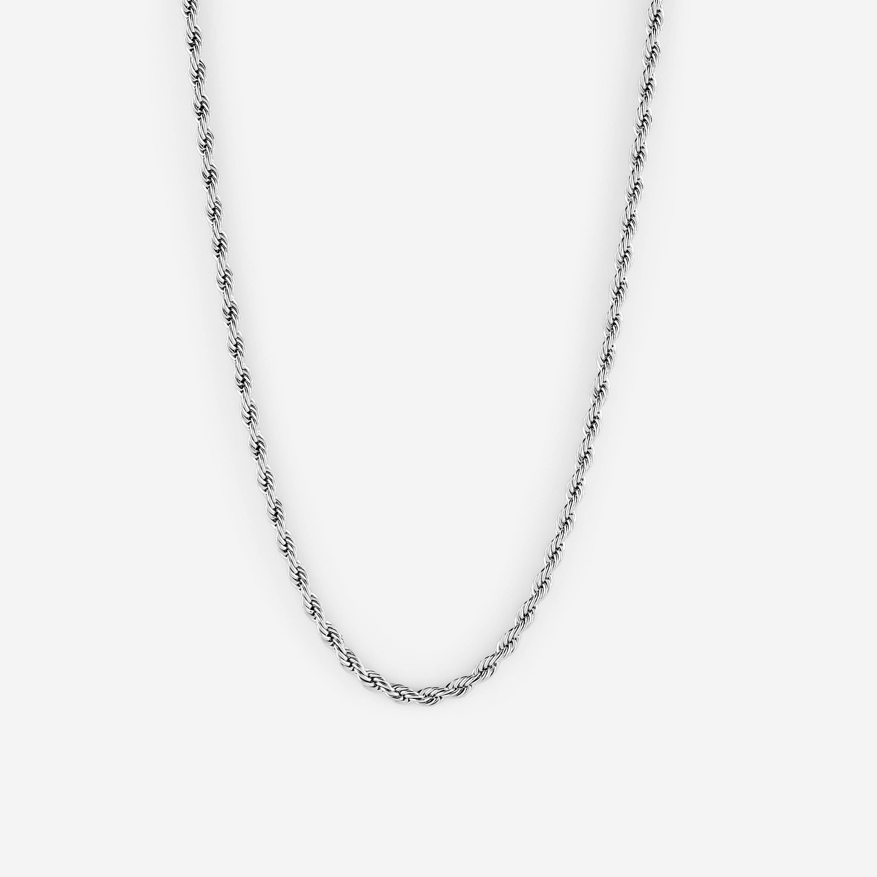 Close-up of rope chain necklace detailing the twisted stainless steel pattern