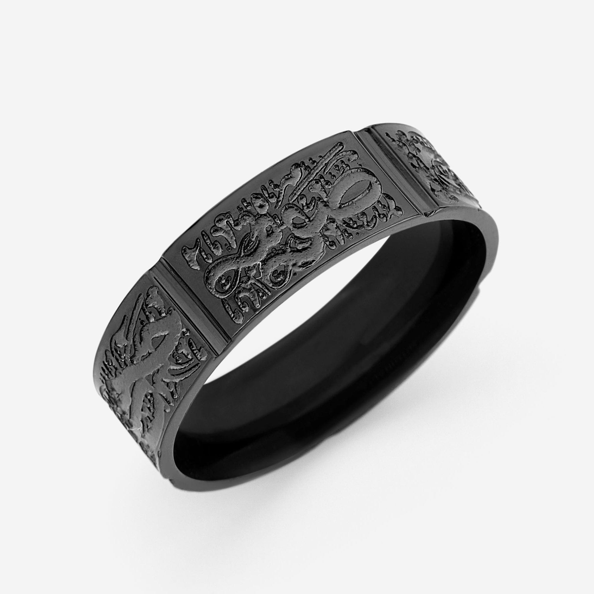 Five Pillars Islamic Ring displayed in a velvet pouch, emphasizing its premium quality.