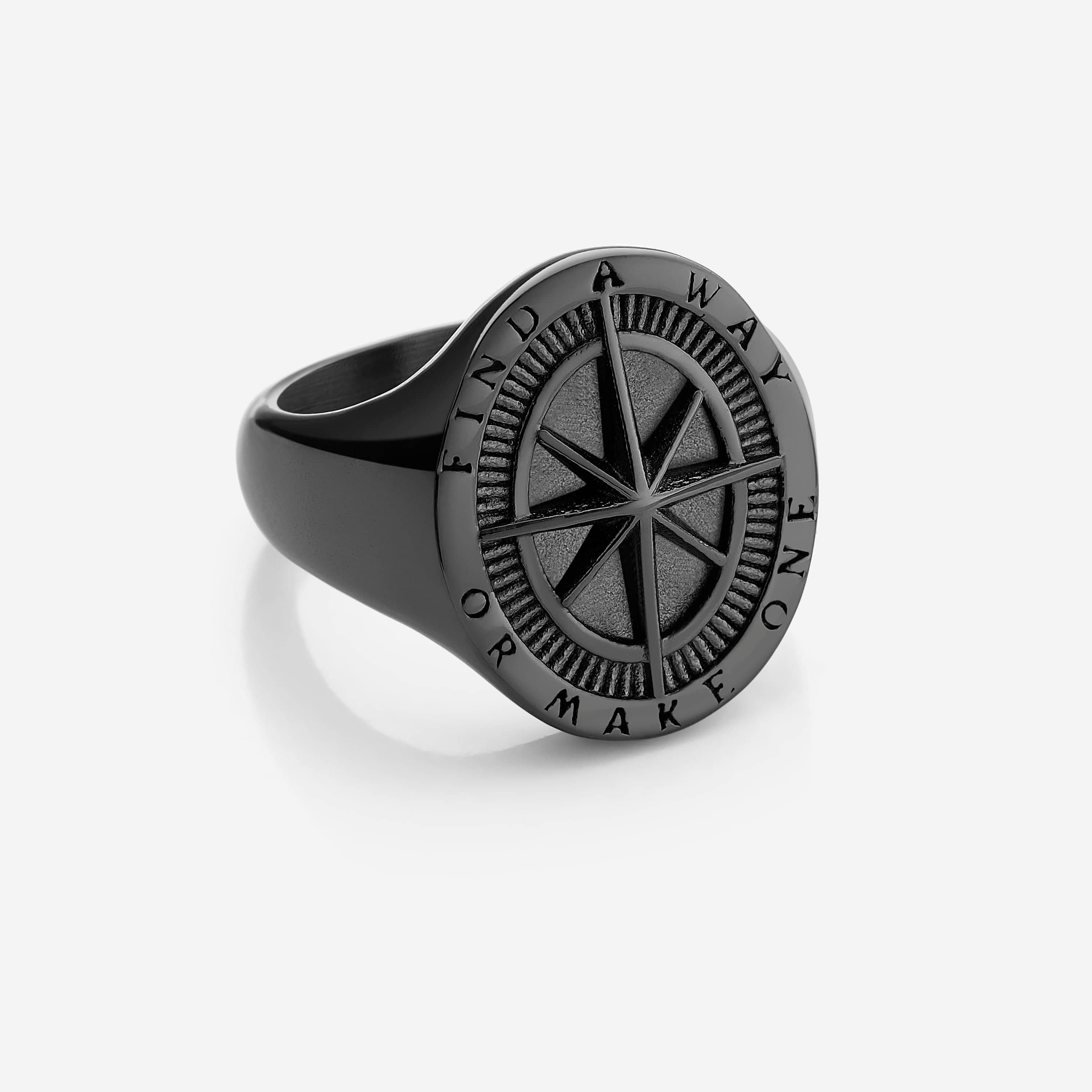 Lifestyle shot of a man wearing the compass ring, symbolizing adventure and motivation.