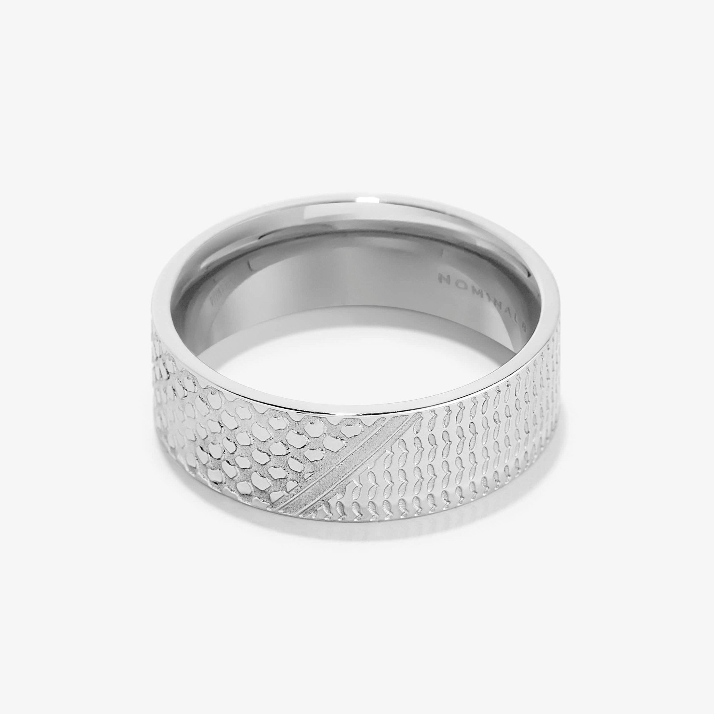 Men's keffiyeh ring displayed on a hand, highlighting its intricate design and stainless steel finish.