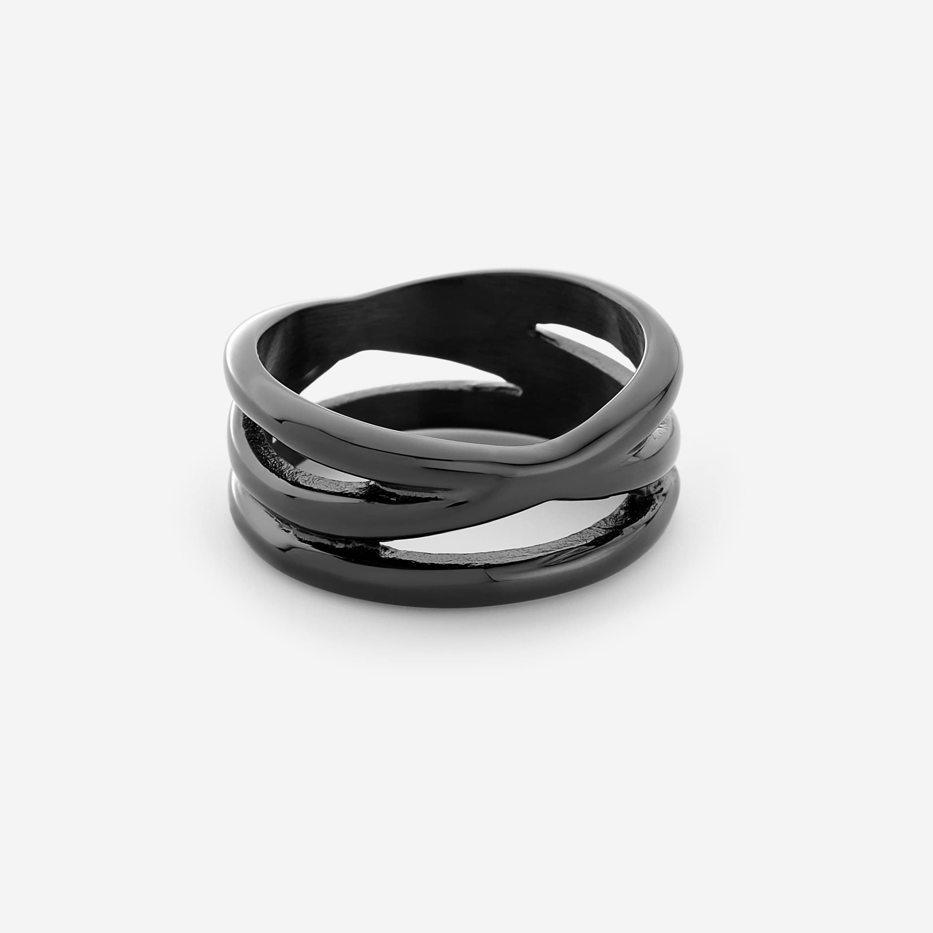 Close-up of the MorphStream stainless steel ring showcasing its molten texture and polished shine