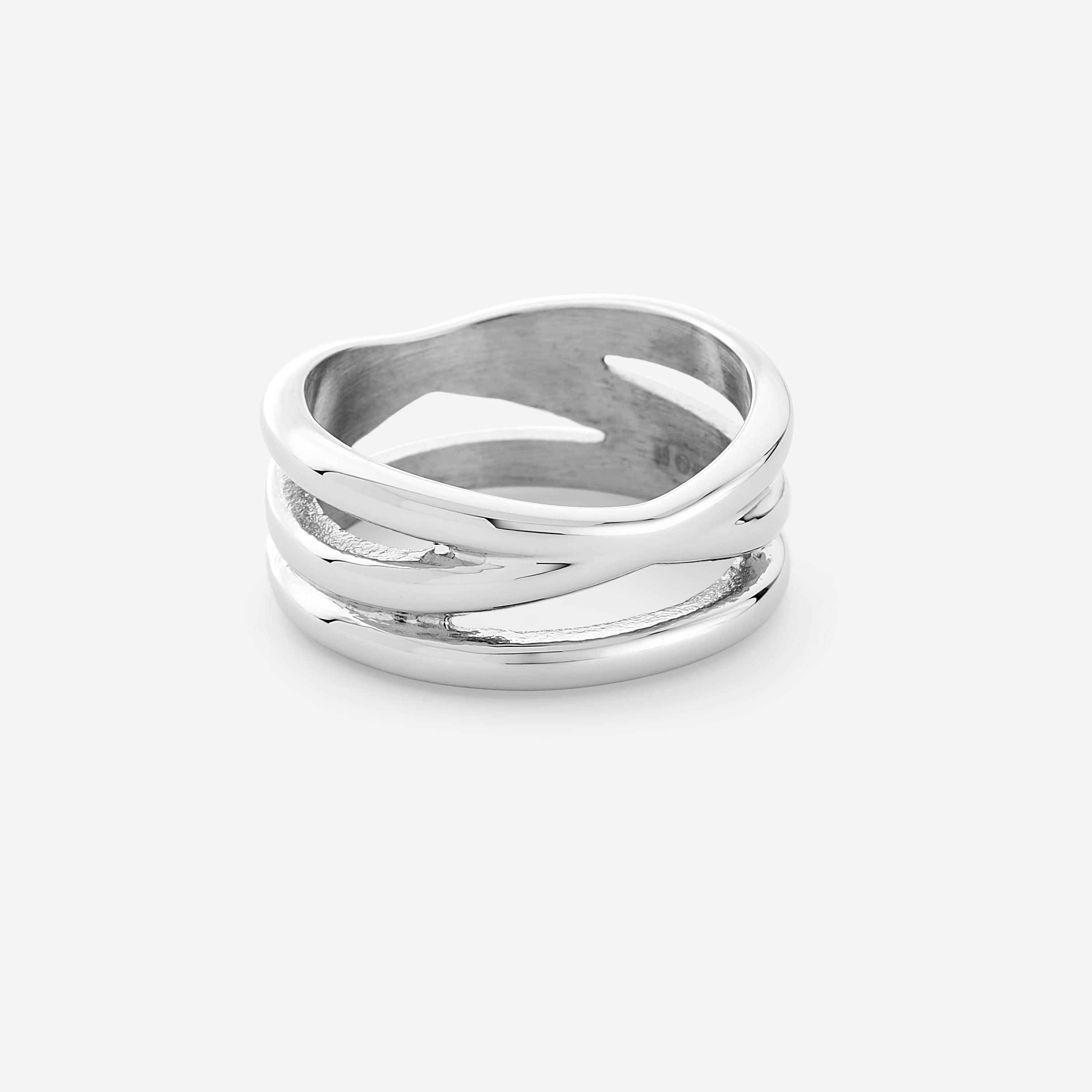 Close-up of the MorphStream stainless steel ring showcasing its molten texture and polished shine