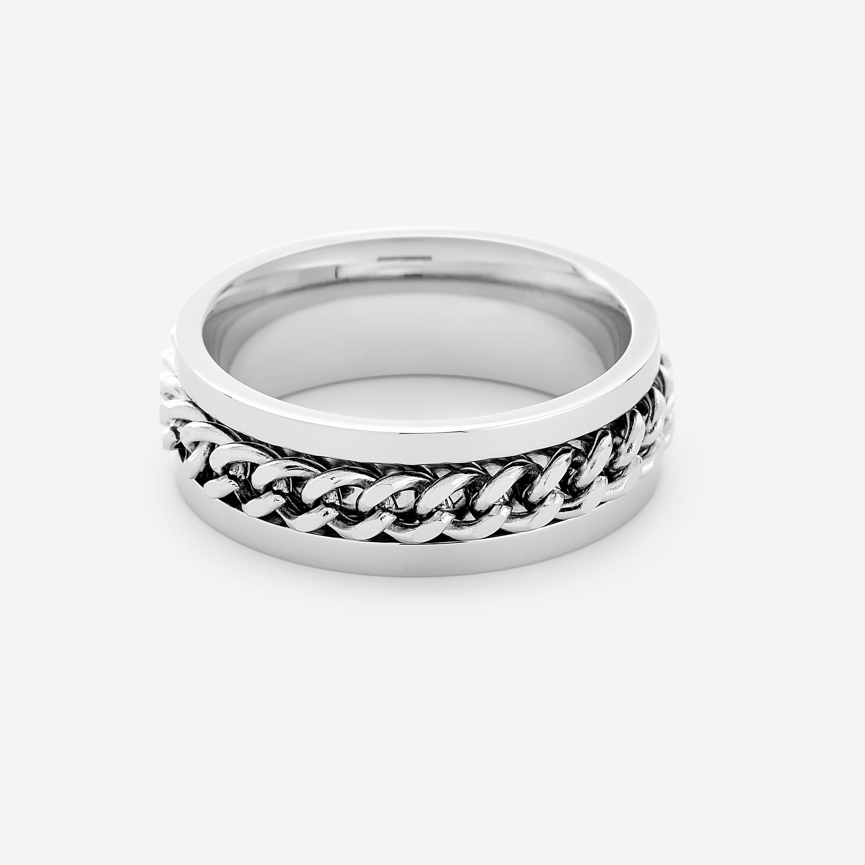 Close-up of the Cuban-chain stainless steel ring, showcasing its unique design.