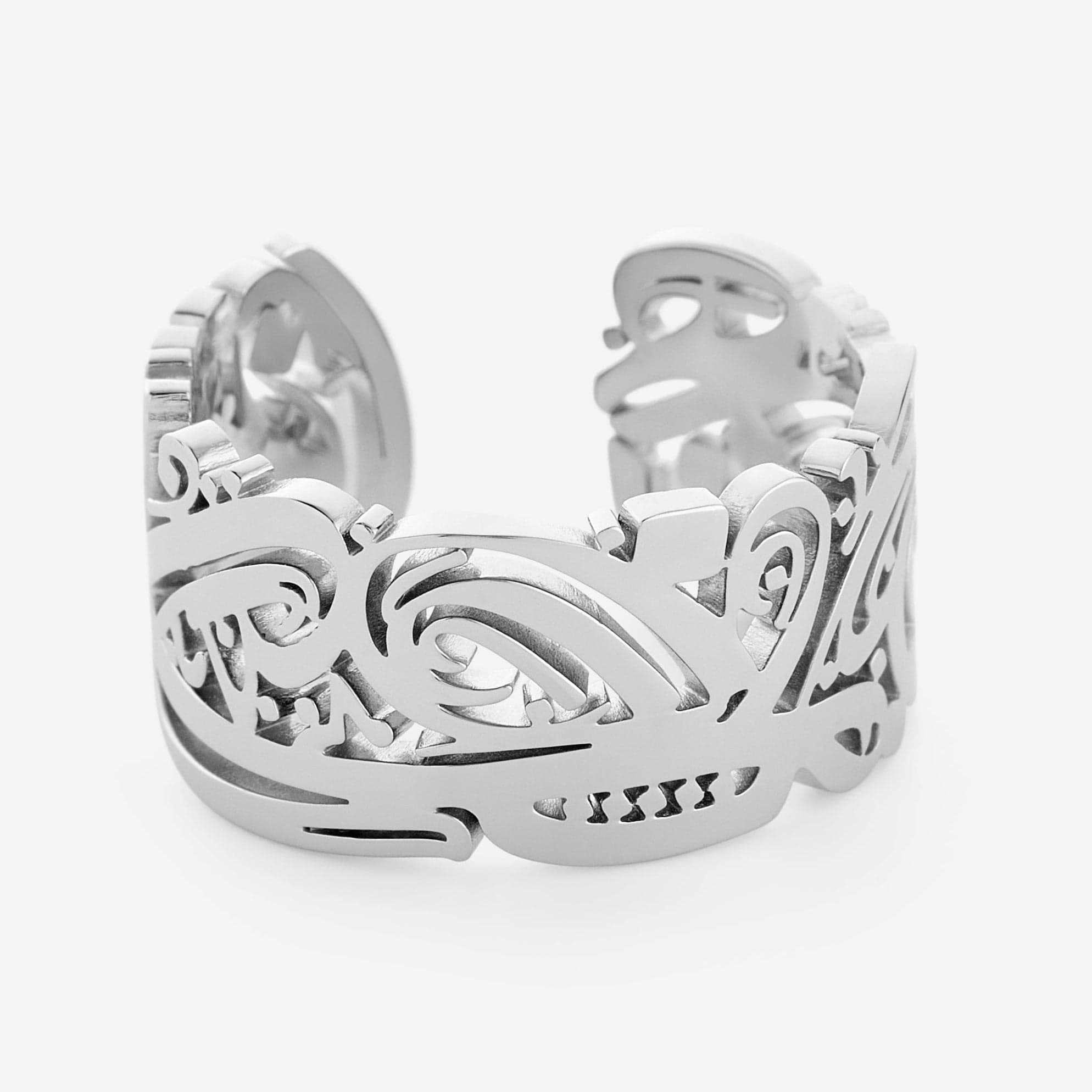 Close-up of the EASE Arabic calligraphy stainless steel ring for men, showcasing its intricate design.