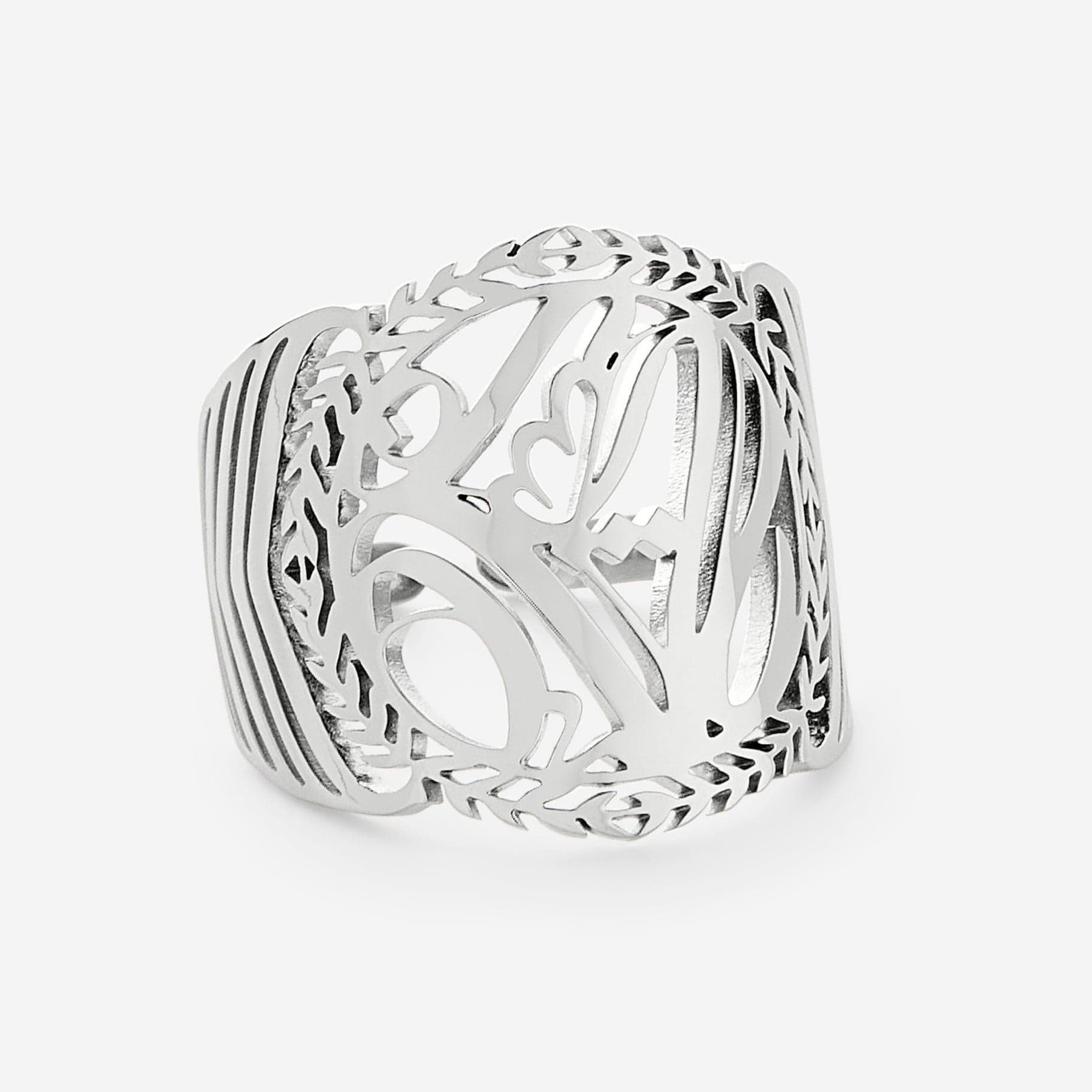 Sufficient Strength Stainless Steel Men's Ring in natural light, showcasing the Arabic calligraphy
