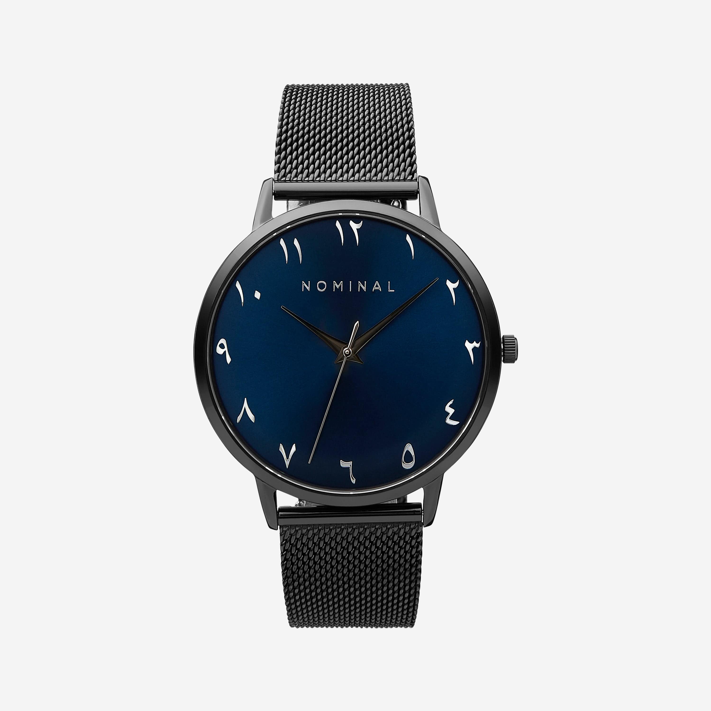 Close-up of Dark Rain watch with sapphire crystal dial and Arabic numerals