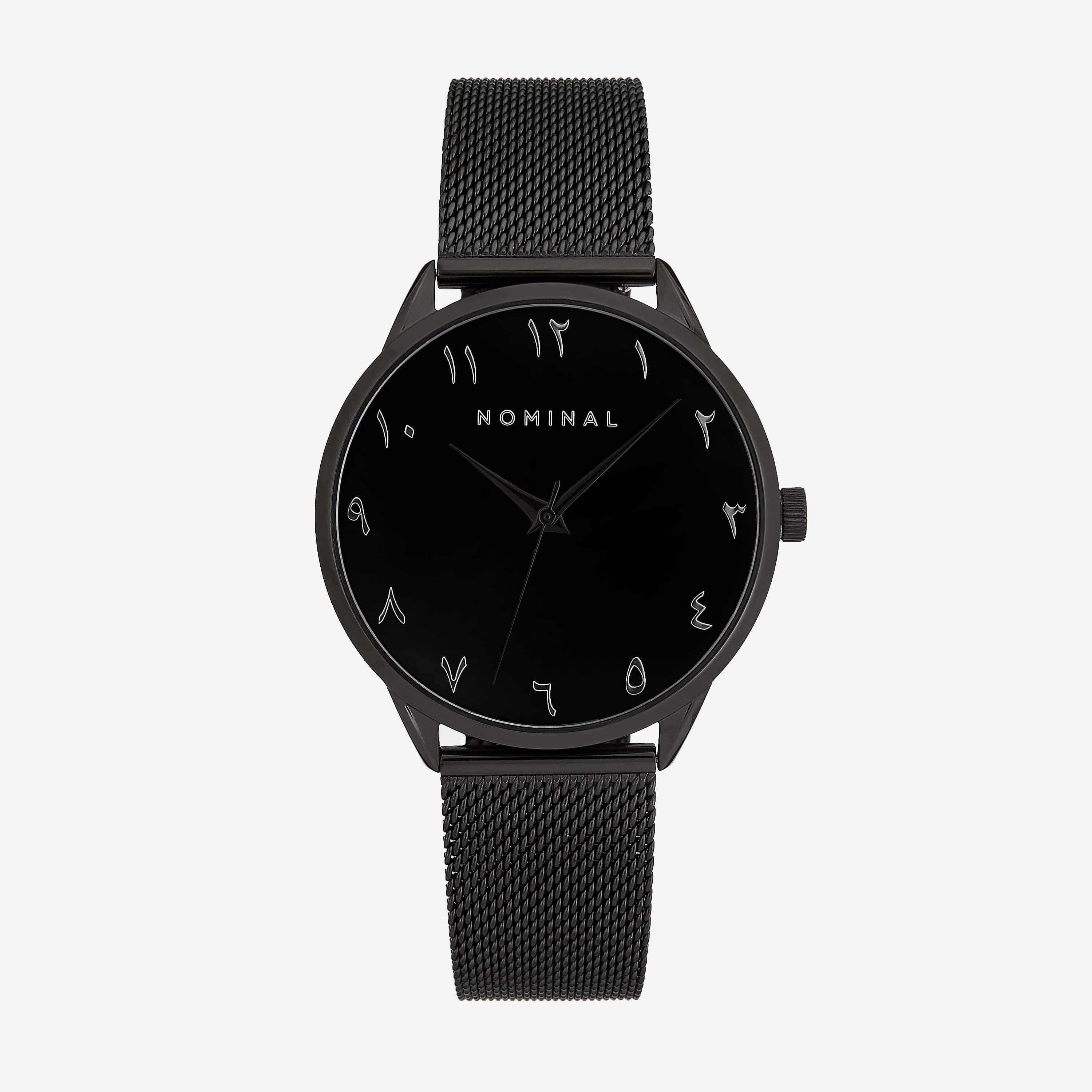Phantom Luxe all-black Swiss watch with a jet black dial and mesh strap, perfect for elegant occasions.