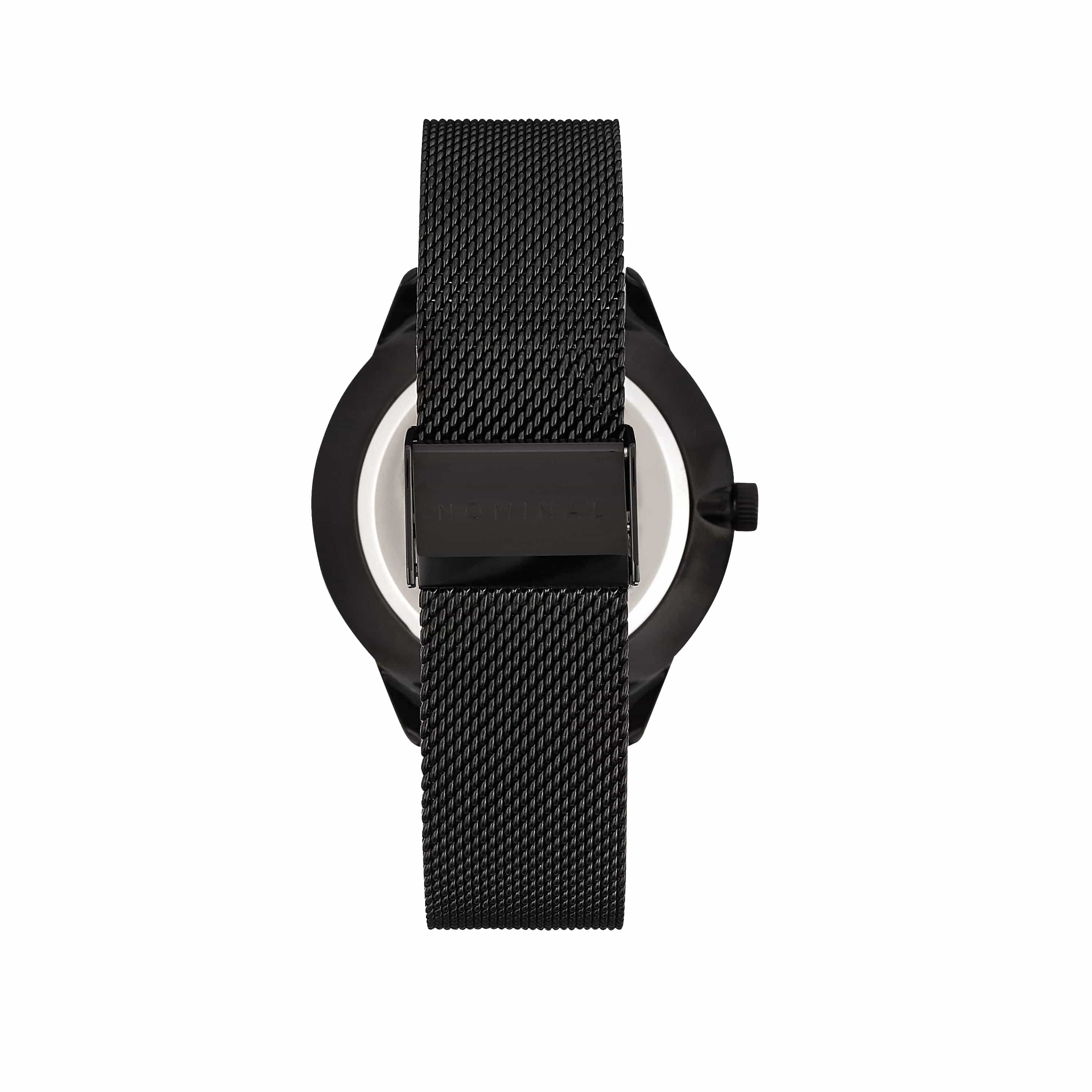 Phantom Luxe all-black Swiss watch with a jet black dial and mesh strap, perfect for elegant occasions.