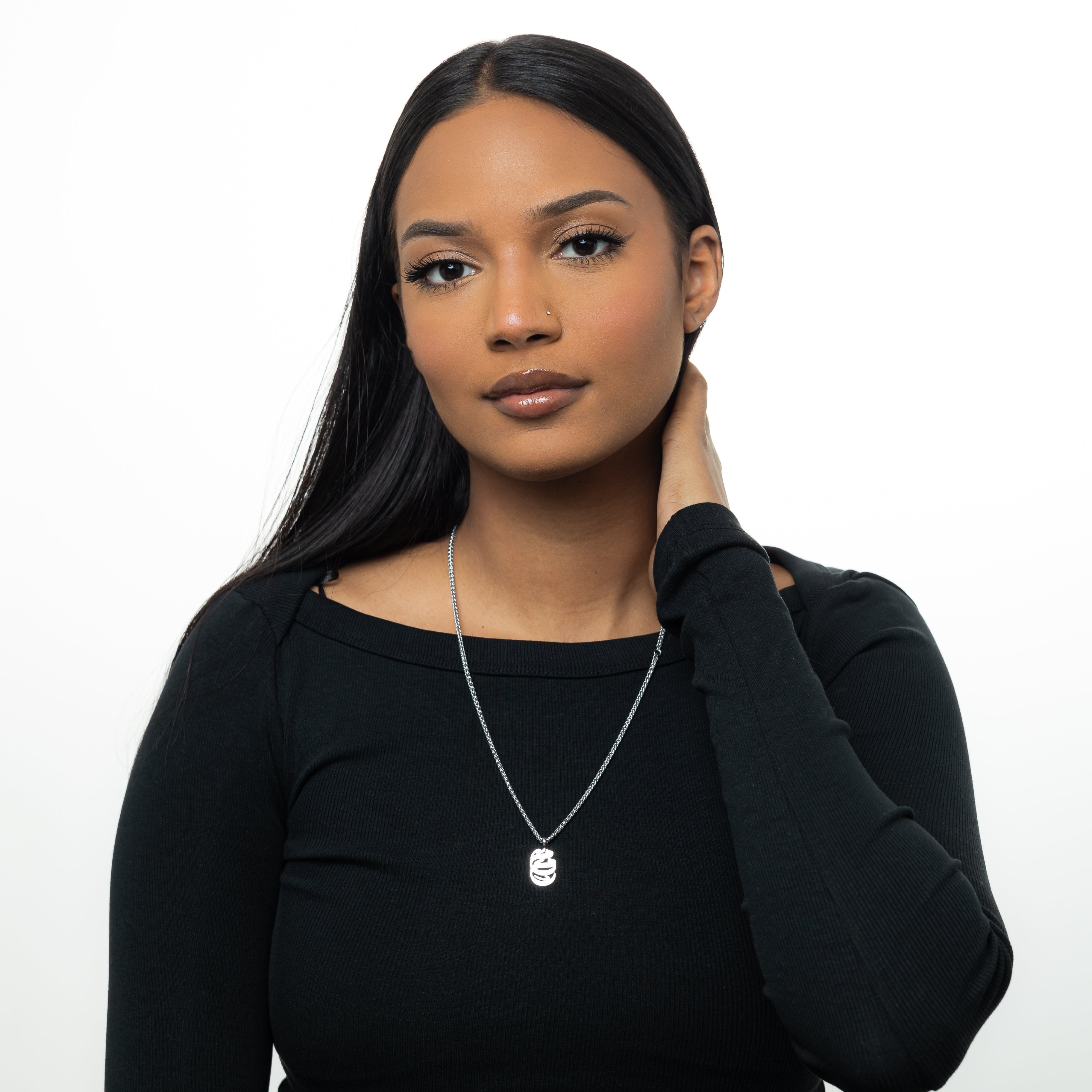 Elegant Mama Calligraphy Necklace worn at 22 inches, showcasing its delicate design.