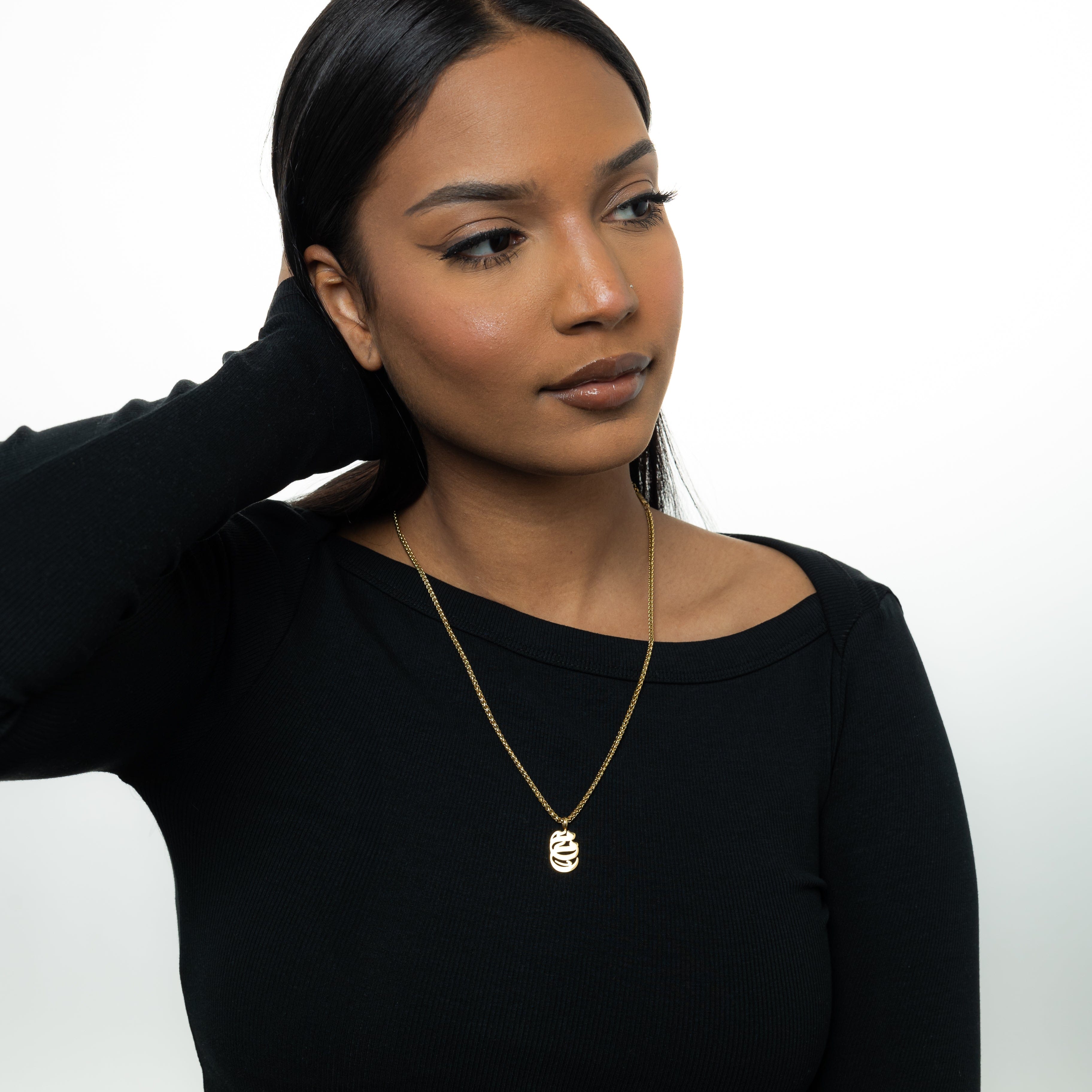 Elegant Mama Calligraphy Necklace worn at 22 inches, showcasing its delicate design.
