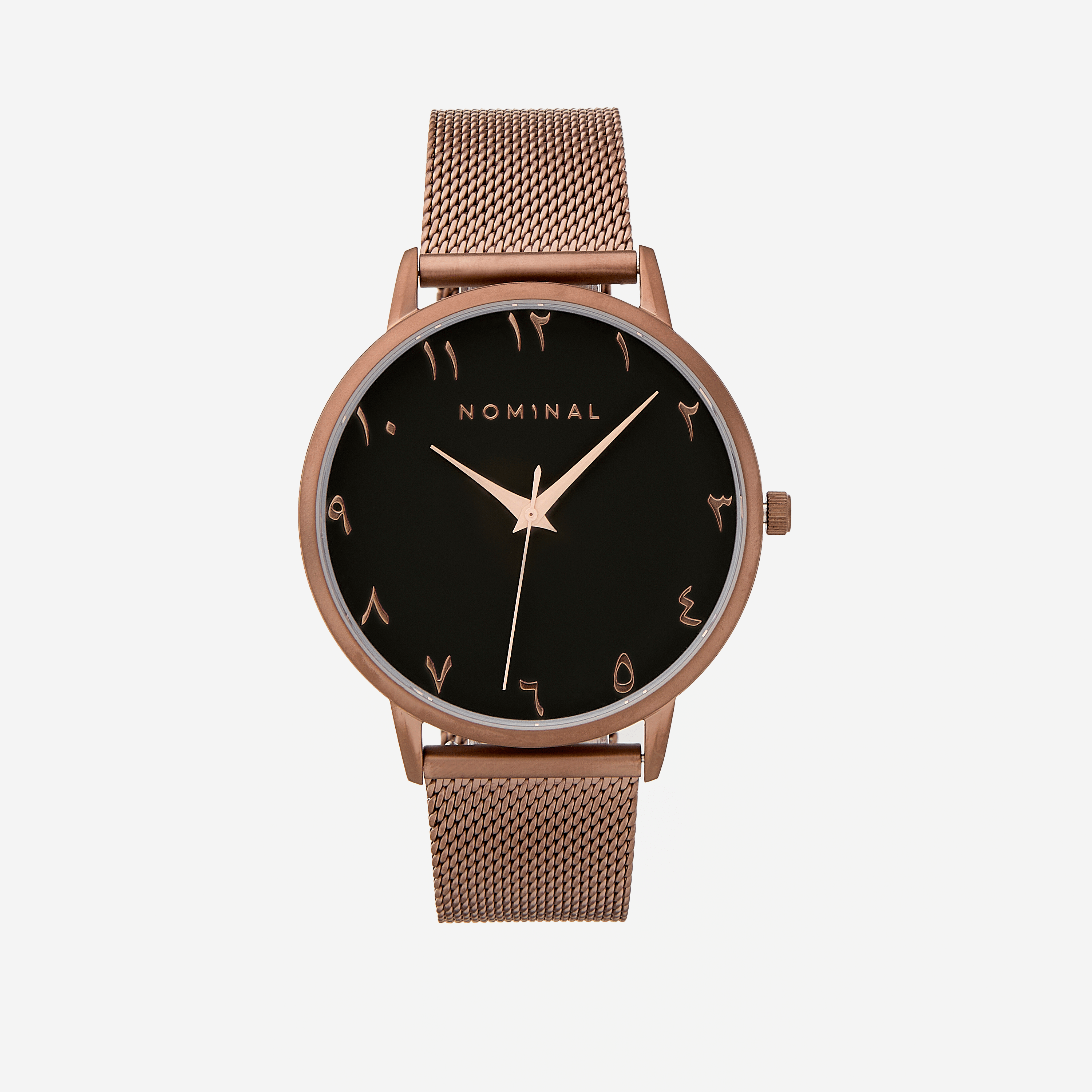 Close-up of the Nominal Outcast luxury watch featuring a grey and bronze dial with sapphire crystal.