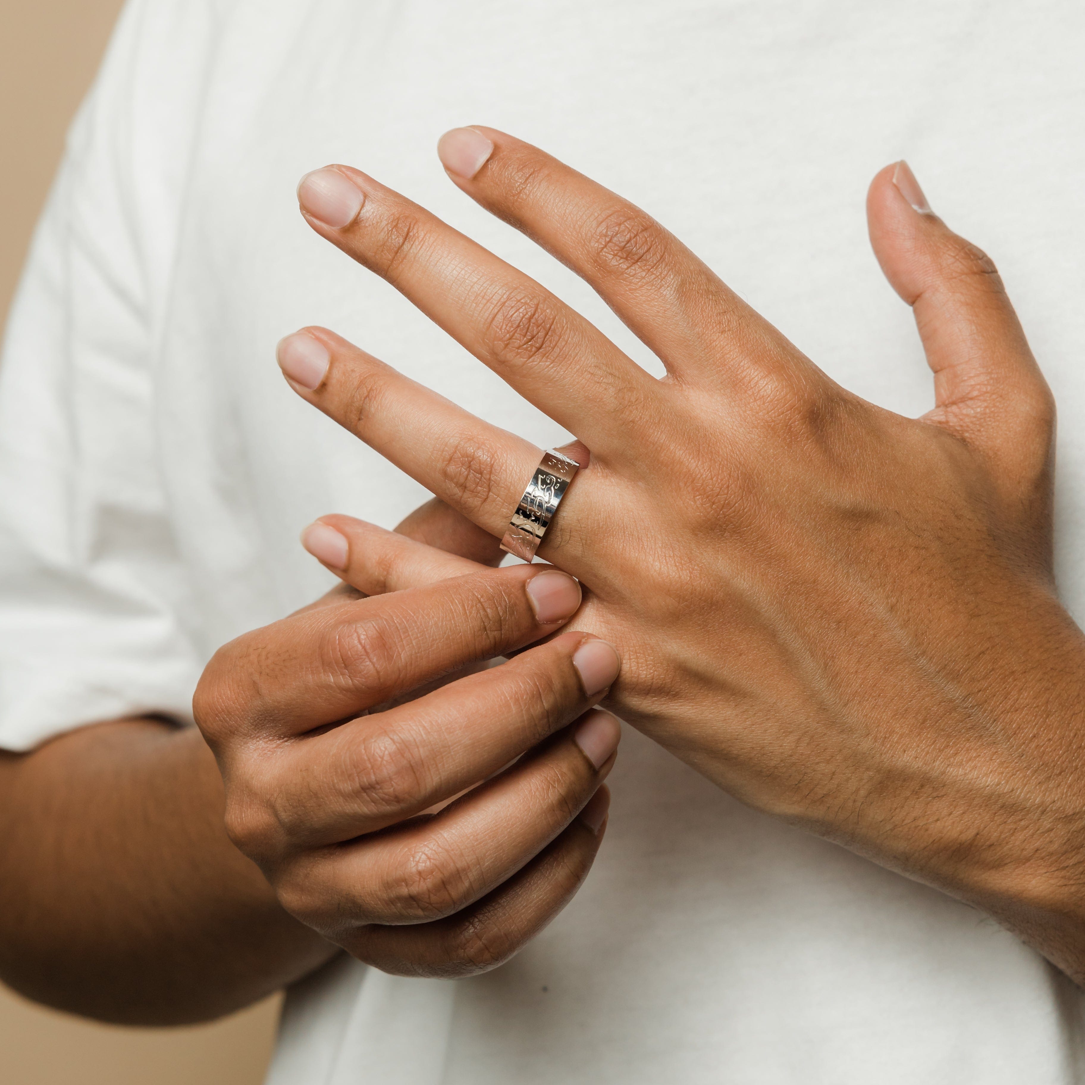 Close-up of the Arabic calligraphy ring for men showcasing its elegant design.