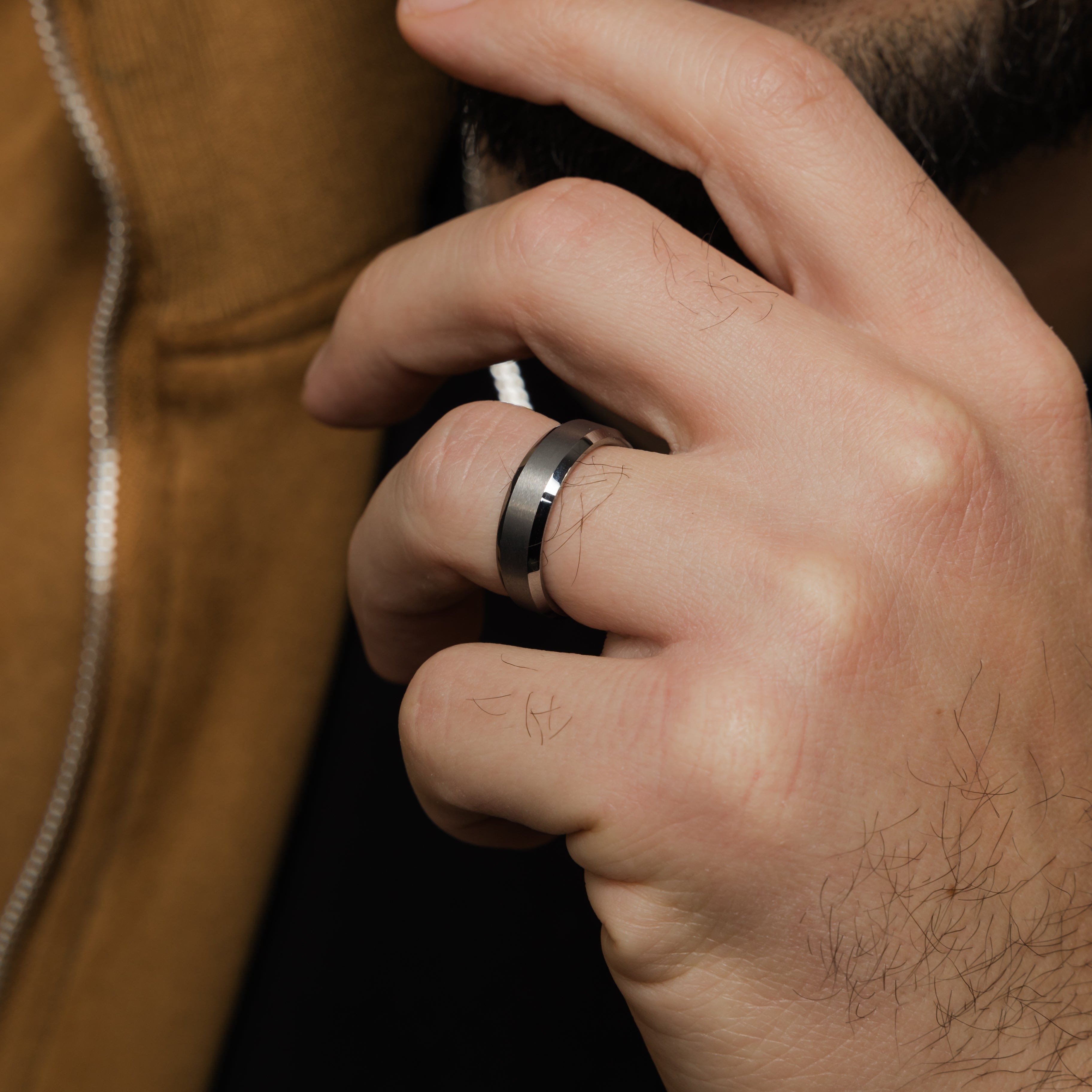 Timeless Tungsten Mens Ring on a hand, showcasing its perfect fit and sophisticated style.
