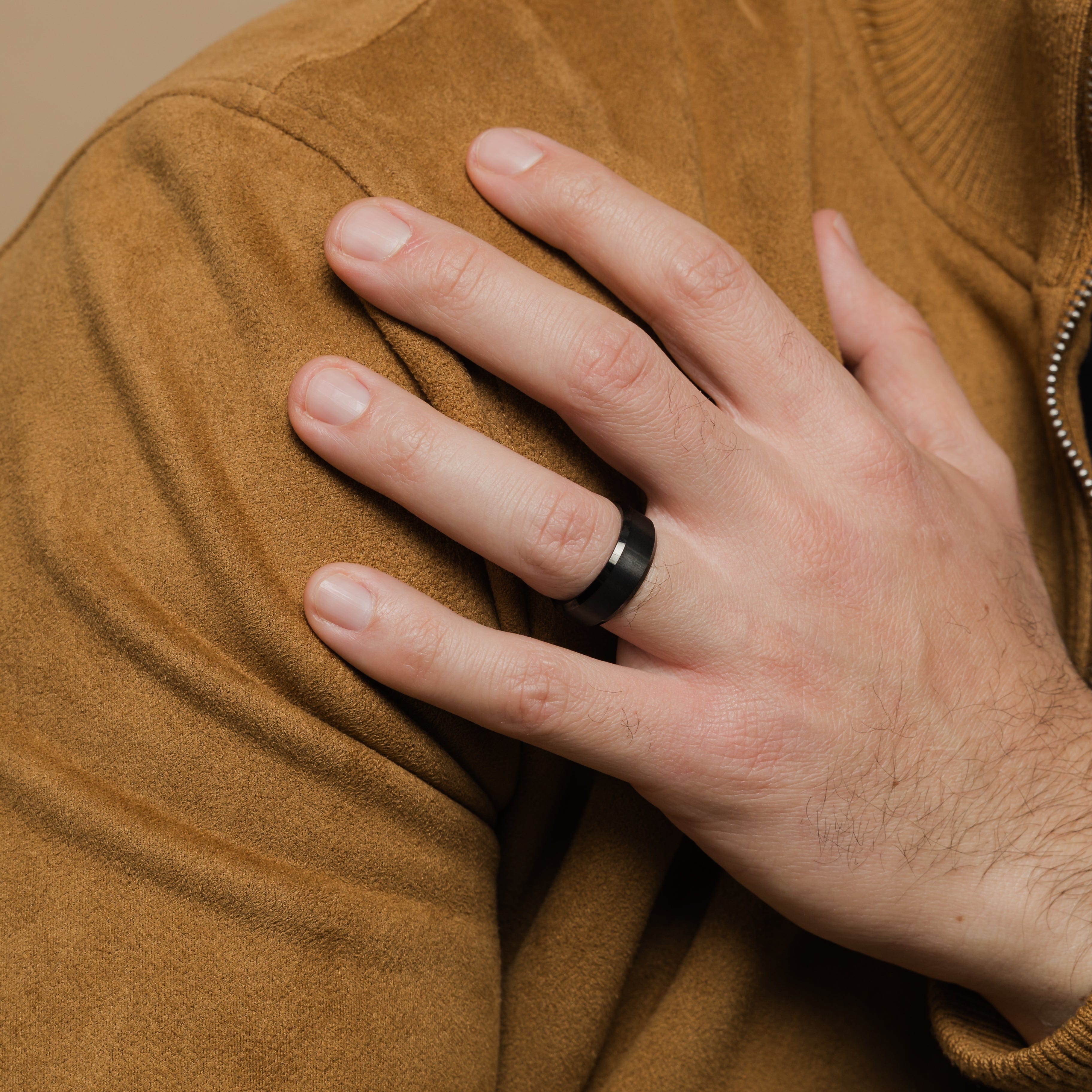 Timeless Tungsten Mens Ring on a hand, showcasing its perfect fit and sophisticated style.