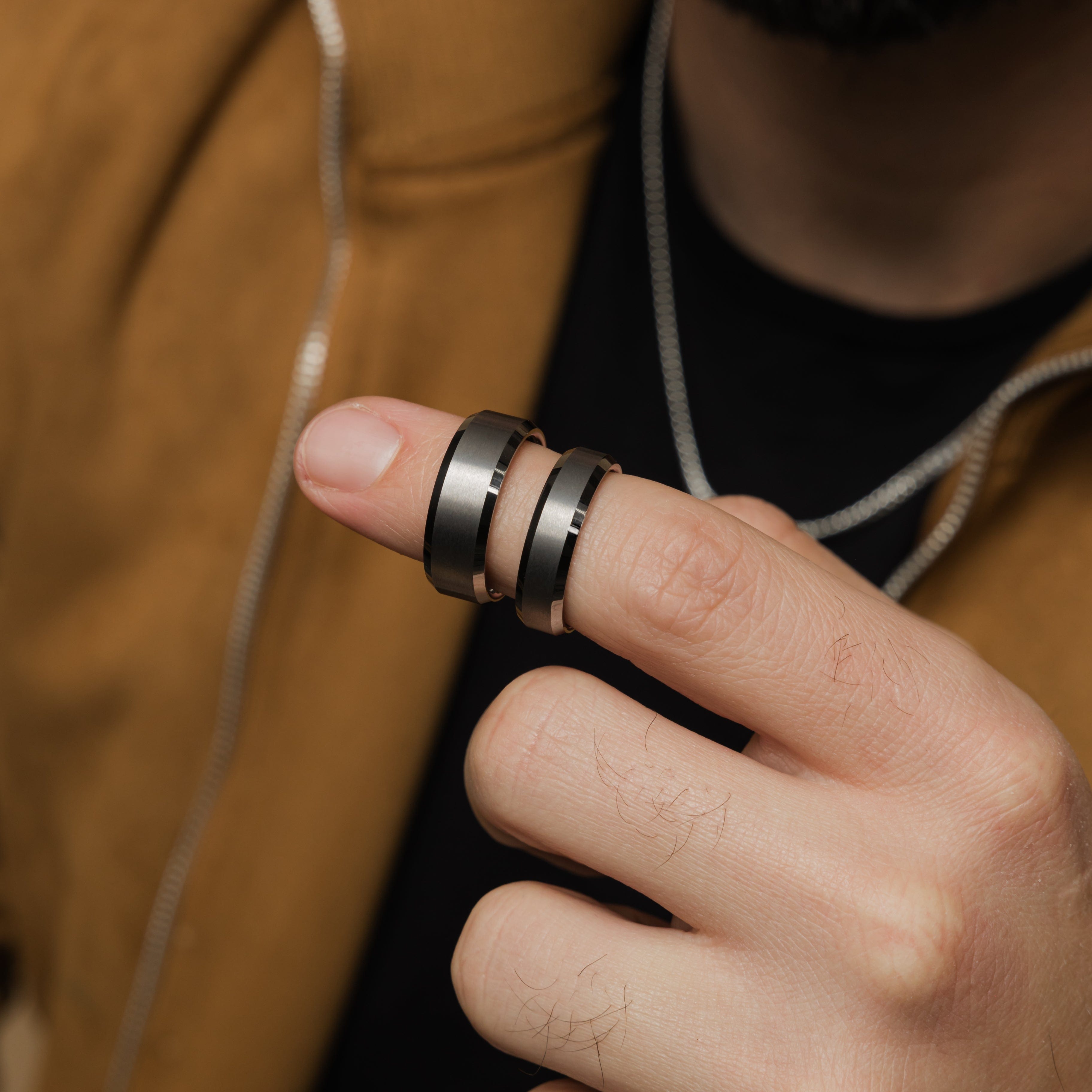Timeless Tungsten Mens Ring on a hand, showcasing its perfect fit and sophisticated style.