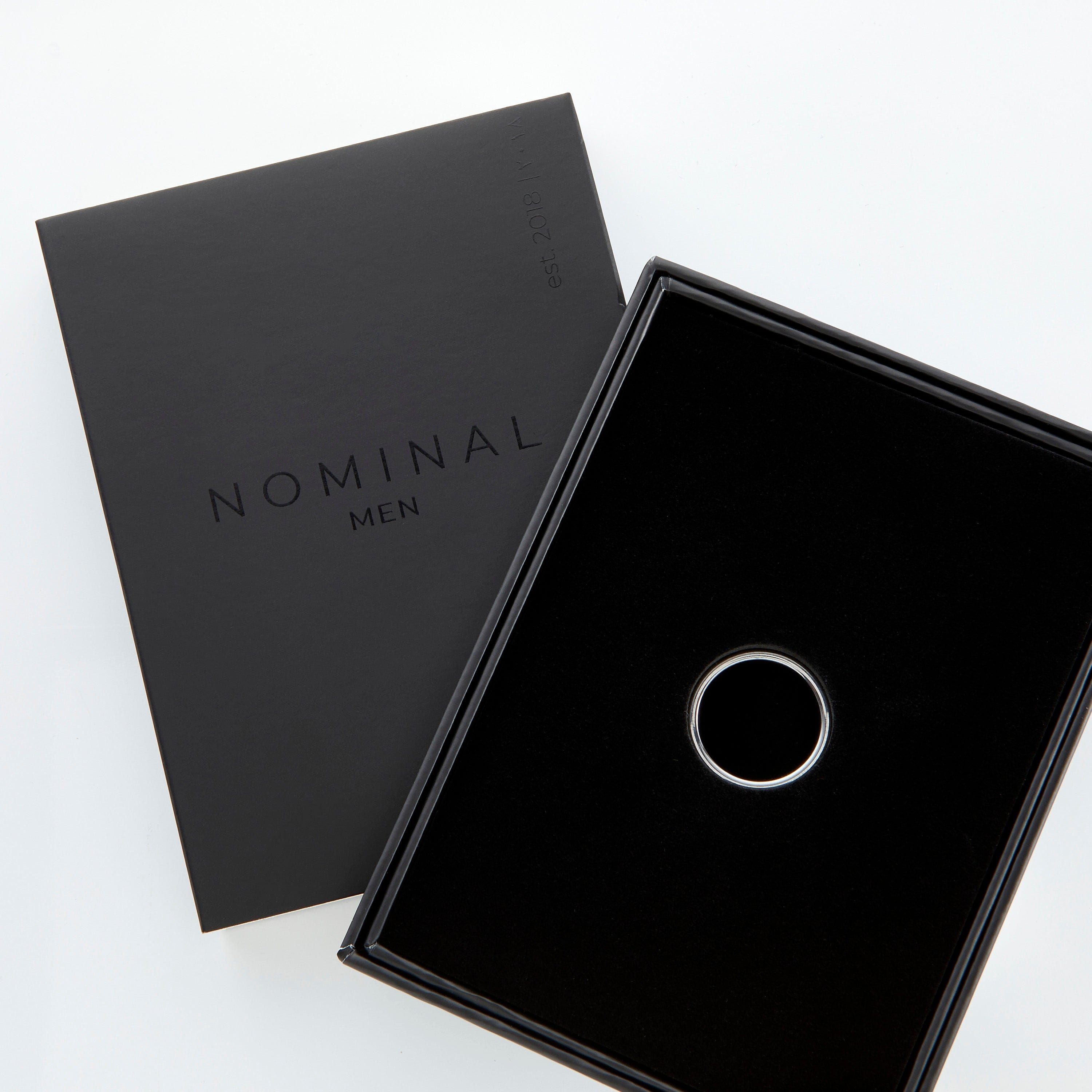 Black brushed tungsten wedding band displayed in a gift box, perfect for weddings.