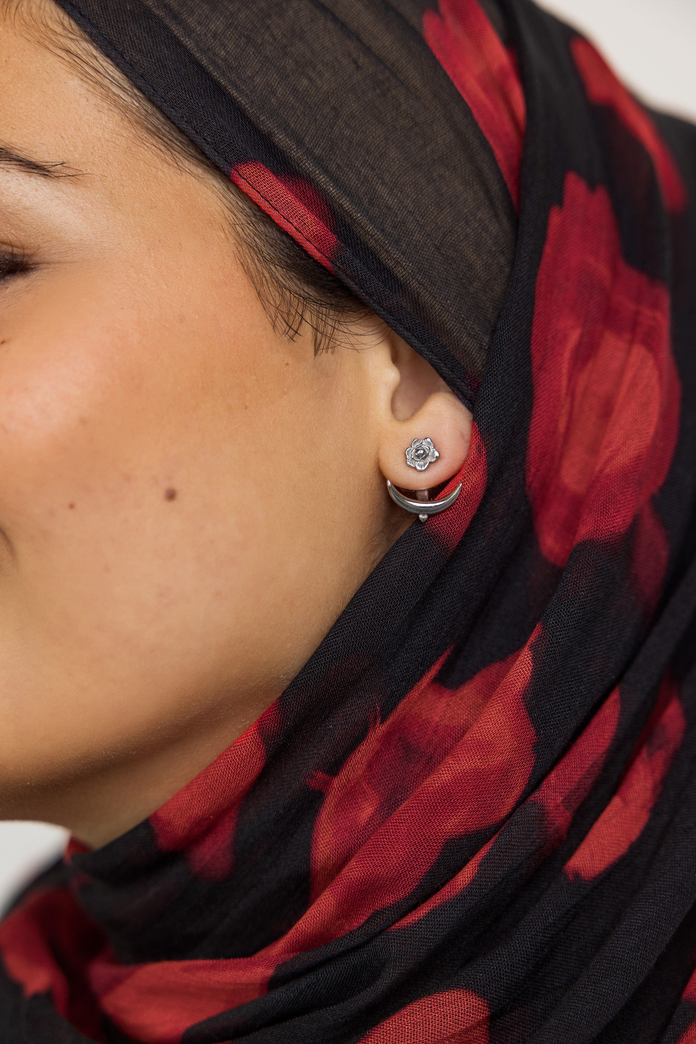 Worn Crescent Moon & Damask Rose Earrings, perfect for any occasion, emphasizing their versatility.